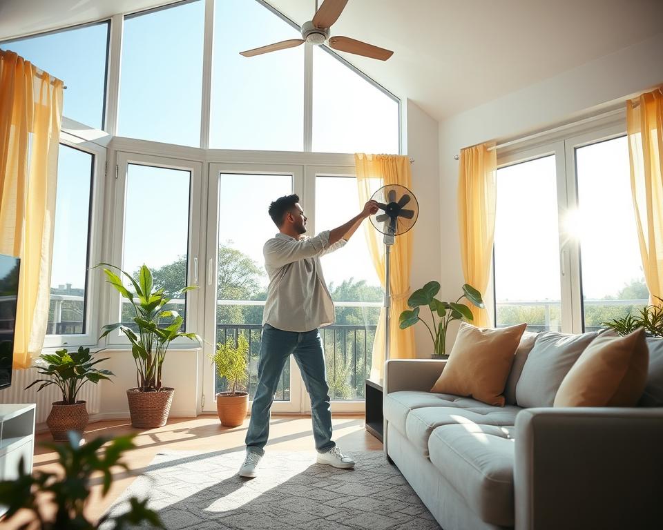 A bright, airy living room with large windows wide open, allowing fresh air to flow in, sunlight streaming through, creating a warm ambiance. In the foreground, a clean, organized space with a neat sofa and houseplants, exuding a sense of cleanliness and safety after pest control treatment. In the middle, a person in modest casual clothing, cautiously but confidently adjusting air vents and using a fan to enhance ventilation. In the background, cheerful curtains flutter gently in the breeze, and a bright, clear sky is visible outside, adding to the feeling of freshness. The overall mood is one of reassurance and care, emphasizing the importance of a well-ventilated space for health and comfort. A bright, airy living room with large windows wide open, allowing fresh air to flow in, sunlight streaming through, creating a warm ambiance. In the foreground, a clean, organized space with a neat sofa and houseplants, exuding a sense of cleanliness and safety after pest control treatment. In the middle, a person in modest casual clothing, cautiously but confidently adjusting air vents and using a fan to enhance ventilation. In the background, cheerful curtains flutter gently in the breeze, and a bright, clear sky is visible outside, adding to the feeling of freshness. The overall mood is one of reassurance and care, emphasizing the importance of a well-ventilated space for health and comfort.