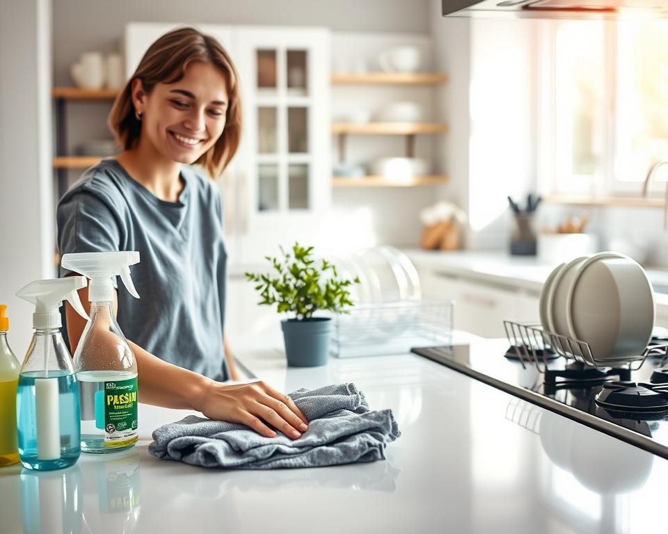 A bright and inviting kitchen scene focusing on maintaining daily and weekly cleaning habits. In the foreground, a cheerful person wearing modest casual clothing is intently wiping down a sparkling countertop, surrounded by neatly arranged cleaning supplies like eco-friendly sprays and microfiber cloths. In the mid-ground, an organized dish rack holds freshly cleaned dishes, alongside a small indoor plant adding a touch of greenery. The background showcases a well-stocked pantry and an immaculate stove, illuminated by soft natural light streaming through a window, creating a warm and welcoming atmosphere. The overall mood conveys cleanliness, routine, and a sense of accomplishment in daily kitchen upkeep, captured with a soft-focus lens for a cozy feel. A bright and inviting kitchen scene focusing on maintaining daily and weekly cleaning habits. In the foreground, a cheerful person wearing modest casual clothing is intently wiping down a sparkling countertop, surrounded by neatly arranged cleaning supplies like eco-friendly sprays and microfiber cloths. In the mid-ground, an organized dish rack holds freshly cleaned dishes, alongside a small indoor plant adding a touch of greenery. The background showcases a well-stocked pantry and an immaculate stove, illuminated by soft natural light streaming through a window, creating a warm and welcoming atmosphere. The overall mood conveys cleanliness, routine, and a sense of accomplishment in daily kitchen upkeep, captured with a soft-focus lens for a cozy feel.