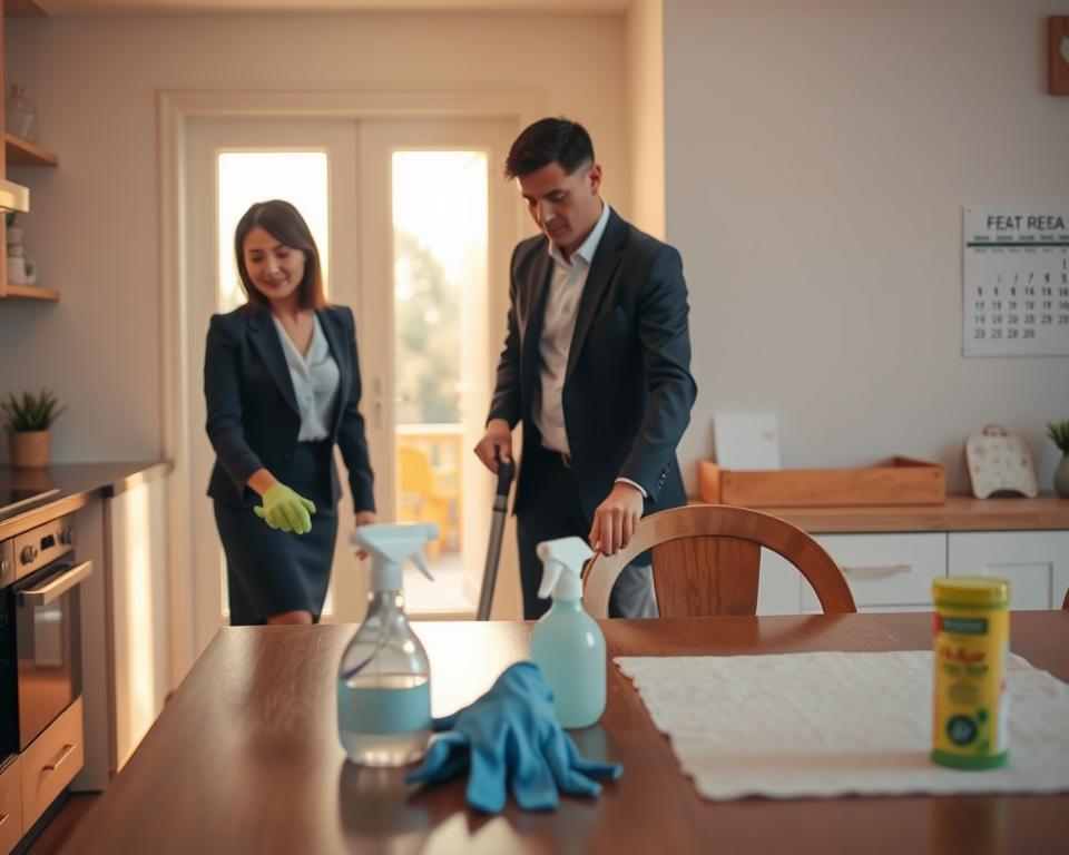 A bright and well-lit interior of a home, showing a family in professional business attire, carefully cleaning surfaces after a pest control treatment. In the foreground, a mother is using a microfiber cloth to wipe down a kitchen counter, while a father is vacuuming nearby. The middle ground features a dining table with cleaning supplies, such as a spray bottle and gloves neatly arranged. In the background, there are signs of a pest control treatment aftermath: a slightly open window for ventilation, and a calendar indicating when the treatment occurred. The atmosphere is one of diligence and cleanliness, with warm natural light filtering in from the window, casting soft shadows to create a sense of calm and order. A bright and well-lit interior of a home, showing a family in professional business attire, carefully cleaning surfaces after a pest control treatment. In the foreground, a mother is using a microfiber cloth to wipe down a kitchen counter, while a father is vacuuming nearby. The middle ground features a dining table with cleaning supplies, such as a spray bottle and gloves neatly arranged. In the background, there are signs of a pest control treatment aftermath: a slightly open window for ventilation, and a calendar indicating when the treatment occurred. The atmosphere is one of diligence and cleanliness, with warm natural light filtering in from the window, casting soft shadows to create a sense of calm and order.