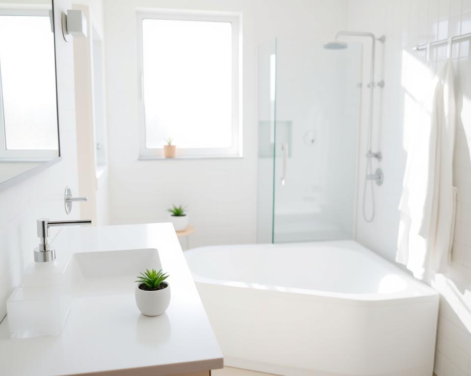 A bright, immaculate bathroom scene featuring a modern, spacious layout. In the foreground, a neatly organized vanity countertop holds minimalistic toiletries, a small potted plant, and a stylish soap dispenser. The middle ground showcases a pristine bathtub next to a sparkling shower, with fluffy white towels hanging on a rack. In the background, soft, natural light filters through a frosted window, casting gentle shadows that enhance the cleanliness. The atmosphere feels serene and inviting, perfect for a fresh start. The lens captures the scene from a slightly elevated angle to highlight the decluttered surfaces and the overall freshness of the space. No human figures are present, ensuring focus on the pristine environment. A bright, immaculate bathroom scene featuring a modern, spacious layout. In the foreground, a neatly organized vanity countertop holds minimalistic toiletries, a small potted plant, and a stylish soap dispenser. The middle ground showcases a pristine bathtub next to a sparkling shower, with fluffy white towels hanging on a rack. In the background, soft, natural light filters through a frosted window, casting gentle shadows that enhance the cleanliness. The atmosphere feels serene and inviting, perfect for a fresh start. The lens captures the scene from a slightly elevated angle to highlight the decluttered surfaces and the overall freshness of the space. No human figures are present, ensuring focus on the pristine environment.