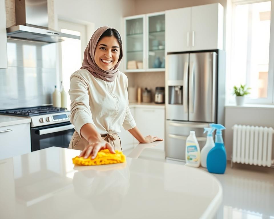 A bright, inviting kitchen in a modern UAE home, focusing on the importance of deep cleaning. In the foreground, a professional woman in modest casual clothing scrubs a gleaming countertop with a confident expression, showcasing her dedication to cleanliness. The middle of the scene features sparkling appliances, a neatly organized sink area, and a variety of eco-friendly cleaning supplies arranged aesthetically. In the background, sunlight streams through a window, illuminating the freshly mopped floor and giving the space a warm, welcoming atmosphere. The overall mood is one of freshness and vitality, emphasizing the significance of a clean kitchen for health and well-being. The angle is slightly elevated, capturing the kitchen’s inviting layout and highlighting the deep cleaning process without any clutter or distractions. A bright, inviting kitchen in a modern UAE home, focusing on the importance of deep cleaning. In the foreground, a professional woman in modest casual clothing scrubs a gleaming countertop with a confident expression, showcasing her dedication to cleanliness. The middle of the scene features sparkling appliances, a neatly organized sink area, and a variety of eco-friendly cleaning supplies arranged aesthetically. In the background, sunlight streams through a window, illuminating the freshly mopped floor and giving the space a warm, welcoming atmosphere. The overall mood is one of freshness and vitality, emphasizing the significance of a clean kitchen for health and well-being. The angle is slightly elevated, capturing the kitchen’s inviting layout and highlighting the deep cleaning process without any clutter or distractions.
