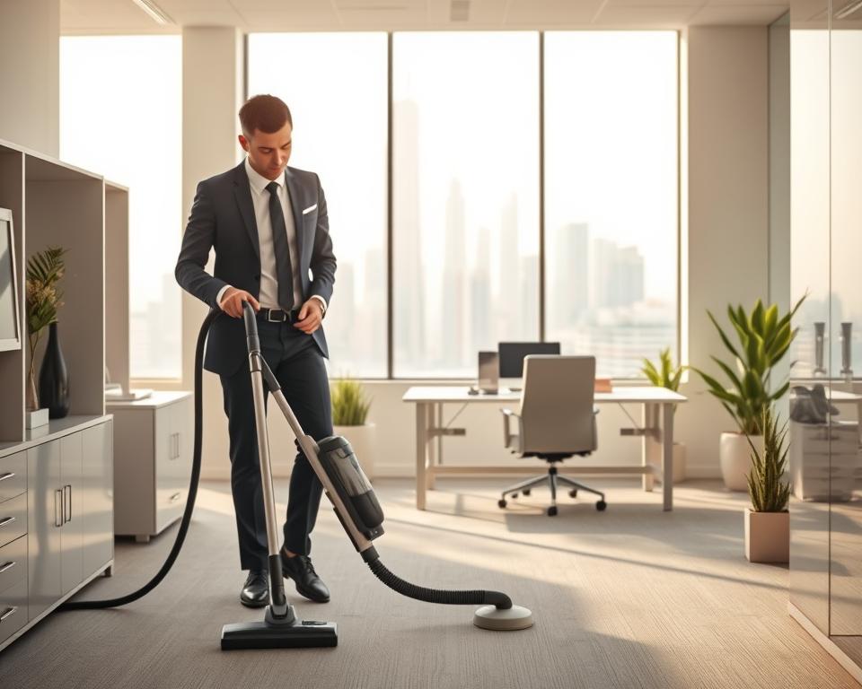 A bright, modern office space in the UAE during daylight, showcasing a professional cleaner in business attire efficiently organizing and cleaning the work environment. In the foreground, the cleaner uses a high-tech vacuum cleaner and is dusting surfaces, displaying a focus on precision. In the middle ground, a large window reveals the iconic UAE skyline, symbolizing progress and opportunity. Soft, natural light floods the room, creating a warm, inviting atmosphere that conveys a sense of calm and productivity. The background features neatly arranged office furniture and plants, contributing to a tidy, well-maintained setting. The overall mood is one of efficiency and relief, illustrating the essence of reclaiming time and energy through expert cleaning services. A bright, modern office space in the UAE during daylight, showcasing a professional cleaner in business attire efficiently organizing and cleaning the work environment. In the foreground, the cleaner uses a high-tech vacuum cleaner and is dusting surfaces, displaying a focus on precision. In the middle ground, a large window reveals the iconic UAE skyline, symbolizing progress and opportunity. Soft, natural light floods the room, creating a warm, inviting atmosphere that conveys a sense of calm and productivity. The background features neatly arranged office furniture and plants, contributing to a tidy, well-maintained setting. The overall mood is one of efficiency and relief, illustrating the essence of reclaiming time and energy through expert cleaning services.