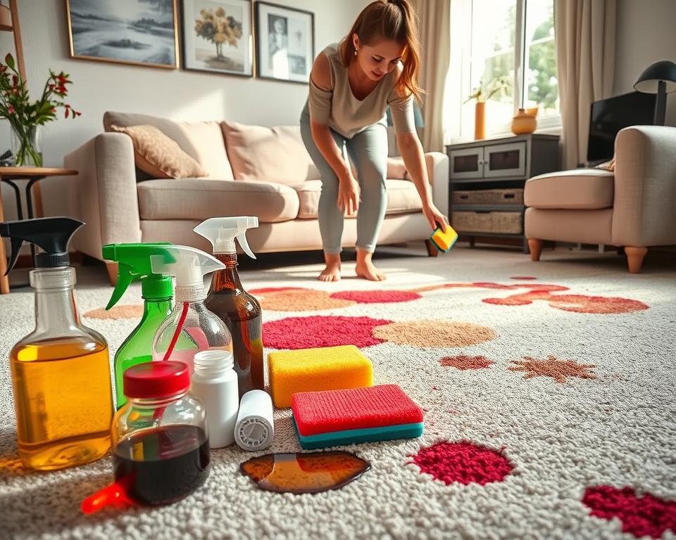 A clean and bright living room featuring a sofa and carpet with distinct beverage stains from coffee, wine, and juice. In the foreground, a variety of cleaning supplies is artfully arranged, including spray bottles, sponges, and cloths, showcasing different methods of stain removal. In the middle, a close-up view of a person in modest casual clothing gently scrubbing the carpet with a sponge, focused on eliminating the stains. The background depicts a well-lit, cozy atmosphere with sunlight streaming through a window, accentuating the vibrant colors of the room. The overall mood conveys a sense of determination and effectiveness, illustrating the triumph over stubborn stains in a stylish home setting. A clean and bright living room featuring a sofa and carpet with distinct beverage stains from coffee, wine, and juice. In the foreground, a variety of cleaning supplies is artfully arranged, including spray bottles, sponges, and cloths, showcasing different methods of stain removal. In the middle, a close-up view of a person in modest casual clothing gently scrubbing the carpet with a sponge, focused on eliminating the stains. The background depicts a well-lit, cozy atmosphere with sunlight streaming through a window, accentuating the vibrant colors of the room. The overall mood conveys a sense of determination and effectiveness, illustrating the triumph over stubborn stains in a stylish home setting.