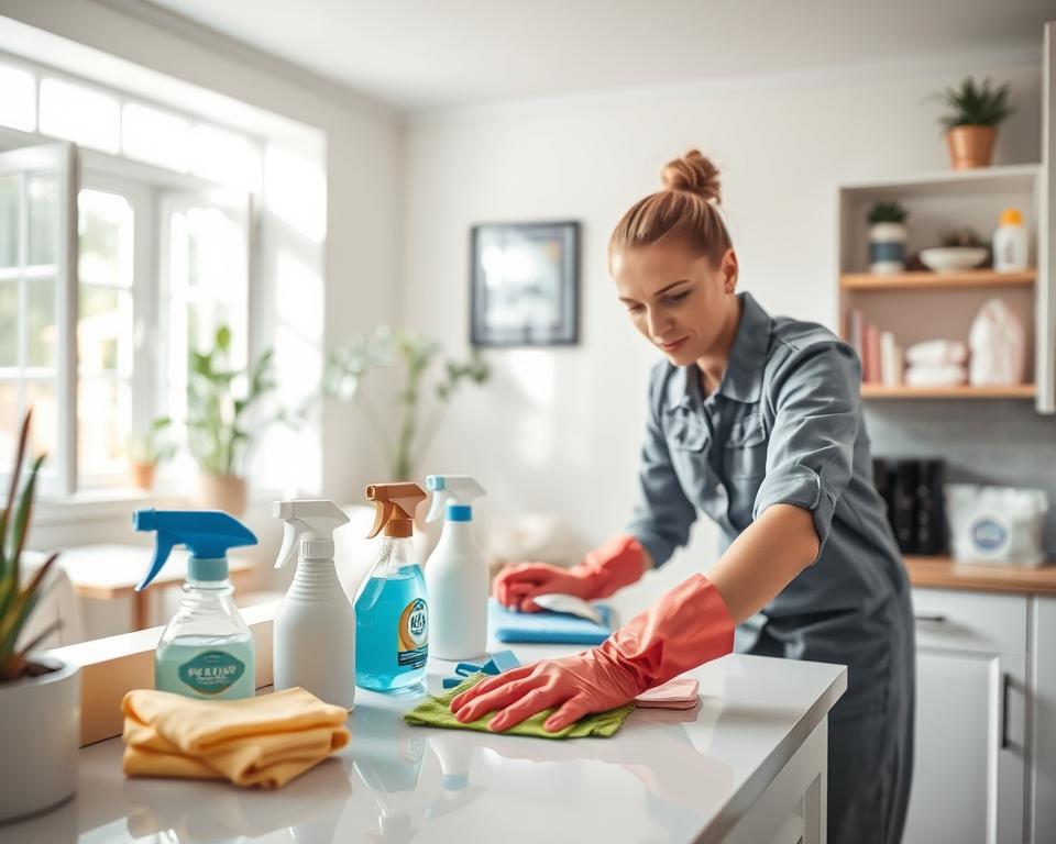 A clean and organized home environment after pest control treatment, showcasing the importance of thorough cleaning. In the foreground, a person in professional attire is diligently wiping down surfaces with cleaning supplies, displaying a sense of focus and determination. In the middle, various cleaning products like sprays, cloths, and gloves are neatly arranged on a countertop, emphasizing readiness for the task. The background features a bright, sunlit room with open windows, symbolizing freshness and cleanliness, while a subtle hint of pest control materials is shown on a shelf, gently reminding viewers of the recent pest management. The scene radiates a hopeful mood, capturing the essence of cleanliness and safety after pest control. Soft, natural lighting enhances the inviting atmosphere, with a wide-angle lens conveying a spacious feel. A clean and organized home environment after pest control treatment, showcasing the importance of thorough cleaning. In the foreground, a person in professional attire is diligently wiping down surfaces with cleaning supplies, displaying a sense of focus and determination. In the middle, various cleaning products like sprays, cloths, and gloves are neatly arranged on a countertop, emphasizing readiness for the task. The background features a bright, sunlit room with open windows, symbolizing freshness and cleanliness, while a subtle hint of pest control materials is shown on a shelf, gently reminding viewers of the recent pest management. The scene radiates a hopeful mood, capturing the essence of cleanliness and safety after pest control. Soft, natural lighting enhances the inviting atmosphere, with a wide-angle lens conveying a spacious feel.