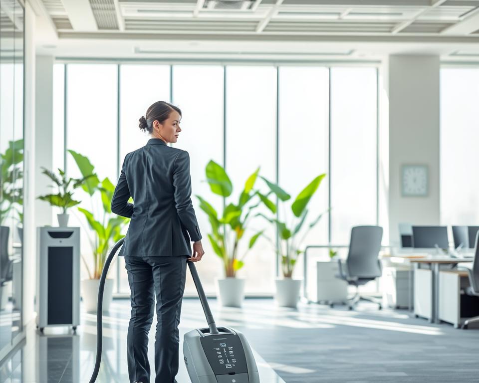 A clean, bright indoor environment showcasing a modern office space in the UAE, emphasizing enhanced air quality. In the foreground, a professional cleaner in smart business attire uses advanced cleaning equipment, such as an air purifier and a vacuum with HEPA filters, to maintain a fresh atmosphere. In the middle ground, large windows allow natural light to flood in, illuminating green indoor plants that promote purity and vitality. The background features sleek furniture and organized workspaces, conveying a sense of order and calm. The overall mood is serene and refreshing, highlighting the focus on health and wellness through professional cleaning services. Soft, diffused lighting enhances the cleanliness and clarity of the air, creating an inviting atmosphere. A clean, bright indoor environment showcasing a modern office space in the UAE, emphasizing enhanced air quality. In the foreground, a professional cleaner in smart business attire uses advanced cleaning equipment, such as an air purifier and a vacuum with HEPA filters, to maintain a fresh atmosphere. In the middle ground, large windows allow natural light to flood in, illuminating green indoor plants that promote purity and vitality. The background features sleek furniture and organized workspaces, conveying a sense of order and calm. The overall mood is serene and refreshing, highlighting the focus on health and wellness through professional cleaning services. Soft, diffused lighting enhances the cleanliness and clarity of the air, creating an inviting atmosphere.