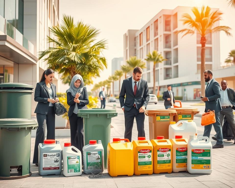 A clean, well-maintained urban environment in the UAE, showcasing a bright, sunlit scene. In the foreground, a diverse group of professionals in smart business attire are actively engaging in pest prevention activities, such as inspecting waste bins and ensuring cleanliness around food establishments. In the middle ground, visual elements include pest control materials like traps and eco-friendly pesticides, arranged neatly. The background features modern UAE architecture with greenery, emphasizing a balance between urban life and nature. The mood is proactive and positive, highlighting the importance of hygiene as a first line of defense against pests. The lighting is warm and inviting, with clear skies enhancing the sense of cleanliness and orderliness. The image is shot from a slightly elevated angle to capture the dynamics of the scene effectively. A clean, well-maintained urban environment in the UAE, showcasing a bright, sunlit scene. In the foreground, a diverse group of professionals in smart business attire are actively engaging in pest prevention activities, such as inspecting waste bins and ensuring cleanliness around food establishments. In the middle ground, visual elements include pest control materials like traps and eco-friendly pesticides, arranged neatly. The background features modern UAE architecture with greenery, emphasizing a balance between urban life and nature. The mood is proactive and positive, highlighting the importance of hygiene as a first line of defense against pests. The lighting is warm and inviting, with clear skies enhancing the sense of cleanliness and orderliness. The image is shot from a slightly elevated angle to capture the dynamics of the scene effectively.