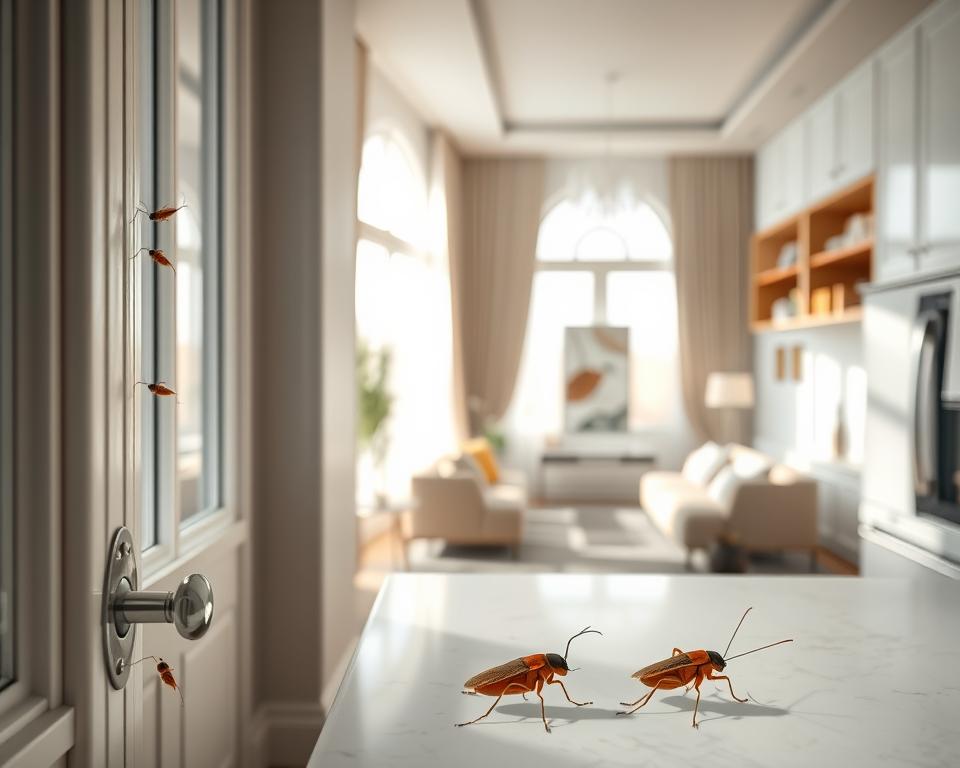 A close-up image showcasing a clean UAE home environment, focusing on various entry points and gaps where cockroaches might infiltrate. In the foreground, highlight small gaps around windows and doors, with detailed textures of the frames and walls. The middle ground features a pristine kitchen counter, emphasizing cleanliness with tidily arranged kitchen tools, while subtly revealing hidden openings behind appliances. The background includes a well-lit living area, showcasing sleek furniture and decorations. Soft, natural lighting filters through windows, creating a warm, inviting atmosphere. The overall mood should evoke a sense of awareness and caution regarding pest control, reinforcing the theme of cleanliness in combating pests. A close-up image showcasing a clean UAE home environment, focusing on various entry points and gaps where cockroaches might infiltrate. In the foreground, highlight small gaps around windows and doors, with detailed textures of the frames and walls. The middle ground features a pristine kitchen counter, emphasizing cleanliness with tidily arranged kitchen tools, while subtly revealing hidden openings behind appliances. The background includes a well-lit living area, showcasing sleek furniture and decorations. Soft, natural lighting filters through windows, creating a warm, inviting atmosphere. The overall mood should evoke a sense of awareness and caution regarding pest control, reinforcing the theme of cleanliness in combating pests.