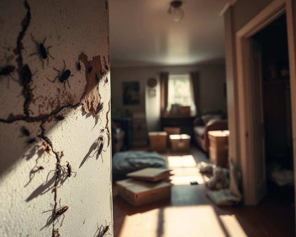 A close-up view of a affected home interior showing health and property risks from pests, with visible signs of infestation. In the foreground, a cracked wall with insects and mold, highlighting the damage; next to it, a distressed homeowner inspecting the area wearing modest casual clothing. In the middle, a cluttered room with scattered belongings, cardboard boxes, and a hint of dampness in the air. The background features shadowy corners and dim lighting, creating a sense of unease. Use soft, natural light streaming through a window, casting shadows that evoke a serious mood. The overall atmosphere should communicate the grim effects of ignoring pest control, emphasizing both health hazards and property deterioration without overcrowding the image. A close-up view of a affected home interior showing health and property risks from pests, with visible signs of infestation. In the foreground, a cracked wall with insects and mold, highlighting the damage; next to it, a distressed homeowner inspecting the area wearing modest casual clothing. In the middle, a cluttered room with scattered belongings, cardboard boxes, and a hint of dampness in the air. The background features shadowy corners and dim lighting, creating a sense of unease. Use soft, natural light streaming through a window, casting shadows that evoke a serious mood. The overall atmosphere should communicate the grim effects of ignoring pest control, emphasizing both health hazards and property deterioration without overcrowding the image.