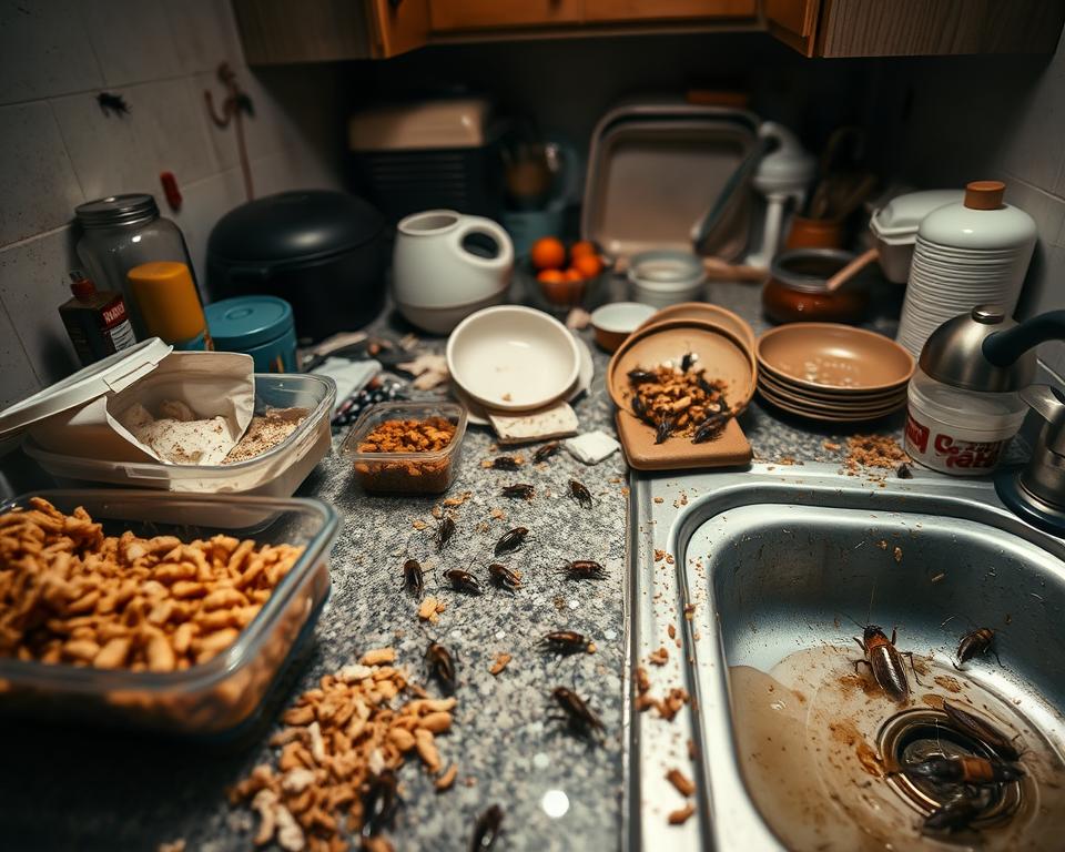 A close-up view of a cluttered kitchen countertop in a home environment, featuring a variety of common primary attractants for pests. In the foreground, there are open containers of food, spilled crumbs, and stagnant water pooling near a sink, exemplifying neglected cleanliness. The middle ground captures disarray with scattered kitchen items, including dirty dishes and a few cockroaches, highlighting the connection between dirt and pest attraction. The background displays slightly dim kitchen lighting to create a tense and unsanitary atmosphere. The angle is slightly overhead, allowing a comprehensive view of how these attractants combine. The mood is unsettling, emphasizing the importance of cleanliness in pest prevention, suitable for illustrating a serious article section. A close-up view of a cluttered kitchen countertop in a home environment, featuring a variety of common primary attractants for pests. In the foreground, there are open containers of food, spilled crumbs, and stagnant water pooling near a sink, exemplifying neglected cleanliness. The middle ground captures disarray with scattered kitchen items, including dirty dishes and a few cockroaches, highlighting the connection between dirt and pest attraction. The background displays slightly dim kitchen lighting to create a tense and unsanitary atmosphere. The angle is slightly overhead, allowing a comprehensive view of how these attractants combine. The mood is unsettling, emphasizing the importance of cleanliness in pest prevention, suitable for illustrating a serious article section.