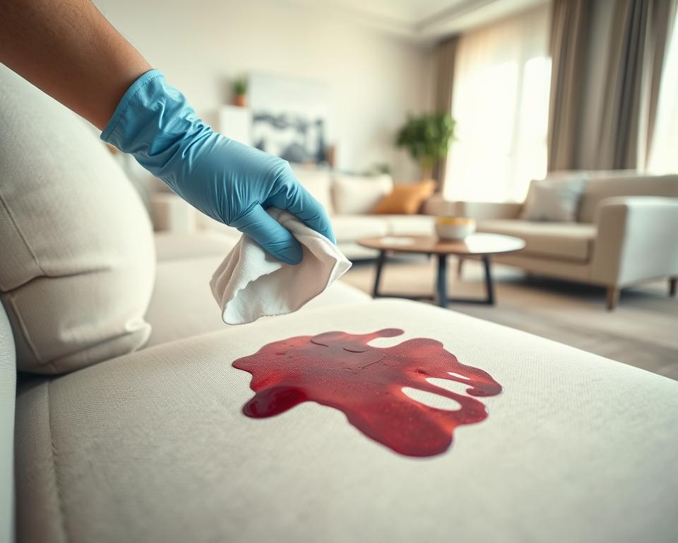 A close-up view of a person effectively using the universal blotting technique on a light-colored sofa. The foreground features a clean, soft cloth held firmly in a gloved hand, gently dabbing a fresh red wine spill on the fabric. The middle ground showcases the rich texture of the sofa and the intricate patterns of the stain as it begins to lift away from the fibers. In the background, a well-lit, modern living room with neutral-toned walls and tasteful decor creates a tidy and inviting atmosphere. Soft, natural sunlight filters through a nearby window, enhancing the details and colors. The overall mood is calm and practical, capturing the essence of a solution to stubborn stains without distractions or clutter. A close-up view of a person effectively using the universal blotting technique on a light-colored sofa. The foreground features a clean, soft cloth held firmly in a gloved hand, gently dabbing a fresh red wine spill on the fabric. The middle ground showcases the rich texture of the sofa and the intricate patterns of the stain as it begins to lift away from the fibers. In the background, a well-lit, modern living room with neutral-toned walls and tasteful decor creates a tidy and inviting atmosphere. Soft, natural sunlight filters through a nearby window, enhancing the details and colors. The overall mood is calm and practical, capturing the essence of a solution to stubborn stains without distractions or clutter.