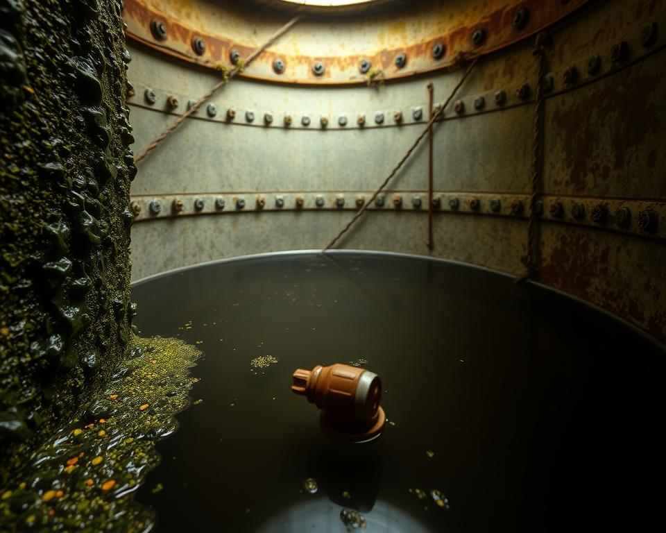A close-up view of a water tank interior, showcasing the accumulation of various contaminants such as algae, sediment, and rust. In the foreground, prominently display dark green algae clinging to the tank walls, with small sediment particles settled at the bottom. The middle-ground features murky water with visible floaters, reflecting a dim, natural light source from above. The background should show the tank's structure, with rough metal surfaces and hints of corrosion. The overall atmosphere is concerning, highlighting the health risks associated with neglected water tanks. Use a macro lens effect to emphasize the texture and details of the contaminants, while maintaining a soft focus for the background to convey depth. The lighting should be muted, evoking a sense of urgency and the importance of cleanliness. A close-up view of a water tank interior, showcasing the accumulation of various contaminants such as algae, sediment, and rust. In the foreground, prominently display dark green algae clinging to the tank walls, with small sediment particles settled at the bottom. The middle-ground features murky water with visible floaters, reflecting a dim, natural light source from above. The background should show the tank's structure, with rough metal surfaces and hints of corrosion. The overall atmosphere is concerning, highlighting the health risks associated with neglected water tanks. Use a macro lens effect to emphasize the texture and details of the contaminants, while maintaining a soft focus for the background to convey depth. The lighting should be muted, evoking a sense of urgency and the importance of cleanliness.