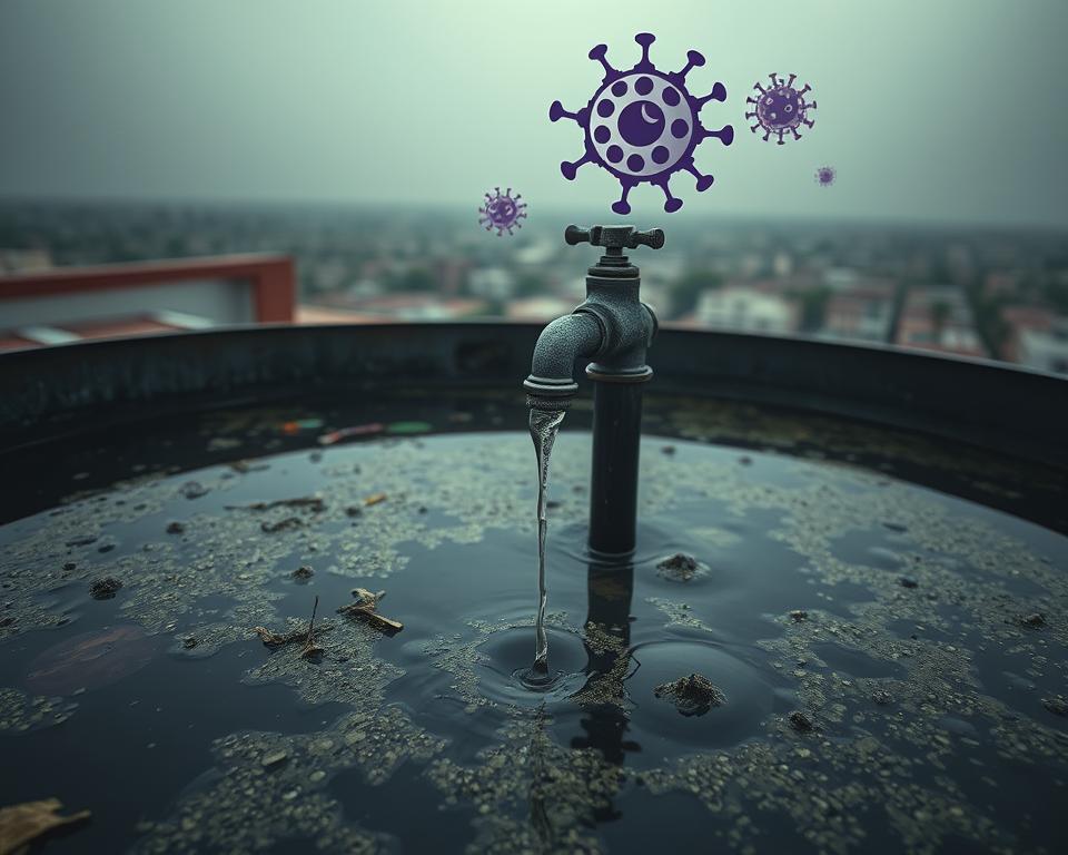 A close-up visualization of a neglected water tank, filled with murky, contaminated water, showcasing visible signs of algae growth and floating debris. In the foreground, there are droplets on the tank's exterior, catching light in an overcast scene that suggests danger and decay. The middle ground features a grimy water spigot dripping contaminated water, while hovering above it are ominous illustrations of waterborne pathogens like bacteria and viruses, symbolizing health hazards. In the background, a typical UAE urban landscape is faintly visible through a haze, adding context. The lighting is dim, creating a moody atmosphere that emphasizes the environmental health risks associated with poorly maintained water storage. The overall tone is serious and cautionary, inviting viewers to reflect on the implications of neglecting water tank maintenance. A close-up visualization of a neglected water tank, filled with murky, contaminated water, showcasing visible signs of algae growth and floating debris. In the foreground, there are droplets on the tank's exterior, catching light in an overcast scene that suggests danger and decay. The middle ground features a grimy water spigot dripping contaminated water, while hovering above it are ominous illustrations of waterborne pathogens like bacteria and viruses, symbolizing health hazards. In the background, a typical UAE urban landscape is faintly visible through a haze, adding context. The lighting is dim, creating a moody atmosphere that emphasizes the environmental health risks associated with poorly maintained water storage. The overall tone is serious and cautionary, inviting viewers to reflect on the implications of neglecting water tank maintenance.