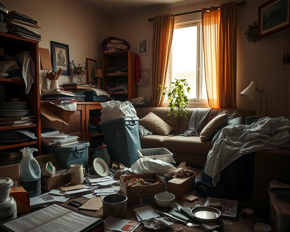 A cluttered corner of a UAE home showcasing a disorganized living space filled with various household items, such as scattered papers, unkempt furniture, and partially open storage boxes. In the foreground, a few kitchen items, like dirty dishes and food containers, illustrate chaos. The middle ground features a worn-out sofa with cushions askew, an overflowing trash bag, and an indoor plant struggling for light. In the background, a window lets in natural light, illuminating dust motes in the air, adding to the sense of neglect. The overall atmosphere conveys a feeling of discomfort and unease, hinting at the potential for pest infestations amidst the clutter. Aim for a warm color palette with soft, diffused lighting to create an intimate yet unsettling mood. A cluttered corner of a UAE home showcasing a disorganized living space filled with various household items, such as scattered papers, unkempt furniture, and partially open storage boxes. In the foreground, a few kitchen items, like dirty dishes and food containers, illustrate chaos. The middle ground features a worn-out sofa with cushions askew, an overflowing trash bag, and an indoor plant struggling for light. In the background, a window lets in natural light, illuminating dust motes in the air, adding to the sense of neglect. The overall atmosphere conveys a feeling of discomfort and unease, hinting at the potential for pest infestations amidst the clutter. Aim for a warm color palette with soft, diffused lighting to create an intimate yet unsettling mood.