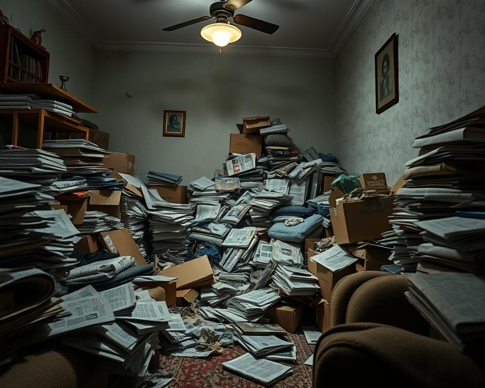 A cluttered living room corner in a UAE home, filled with piles of disheveled newspapers, unorganized boxes, and dusty household items, creating a chaotic environment that suggests pest shelter. In the foreground, there are shadows cast by scattered furniture; in the middle, a large stack of boxes partially open, revealing crumpled papers and leftover food packaging, hinting at pest attraction. The background should show a dimly lit room with peeling paint and a faint glow from an overhead light, enhancing the neglected atmosphere. Use a macro lens perspective to emphasize the details of the clutter, while maintaining a slightly blurred background for depth. The mood is tense and revealing, illustrating the consequences of unkempt spaces inviting unwanted pests. A cluttered living room corner in a UAE home, filled with piles of disheveled newspapers, unorganized boxes, and dusty household items, creating a chaotic environment that suggests pest shelter. In the foreground, there are shadows cast by scattered furniture; in the middle, a large stack of boxes partially open, revealing crumpled papers and leftover food packaging, hinting at pest attraction. The background should show a dimly lit room with peeling paint and a faint glow from an overhead light, enhancing the neglected atmosphere. Use a macro lens perspective to emphasize the details of the clutter, while maintaining a slightly blurred background for depth. The mood is tense and revealing, illustrating the consequences of unkempt spaces inviting unwanted pests.