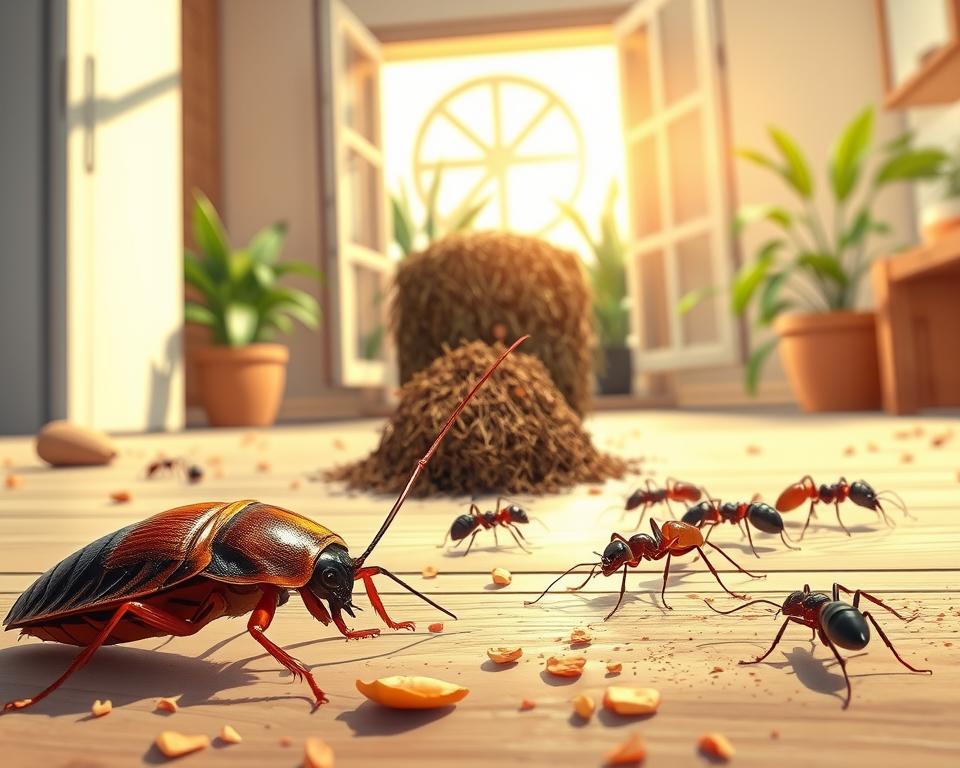A detailed and informative illustration of common household pests found in the UAE, featuring a variety of species such as cockroaches, termites, and ants. In the foreground, depict a close-up view of a cockroach with its glossy exoskeleton, surrounded by scattered crumbs. The middle layer should showcase a termite mound, indicating its destructive nature, alongside a line of ants marching towards a food source. In the background, include a partially open window revealing a sunlit room with plants, subtly suggesting an indoor environment. Use bright, natural lighting to enhance visibility and realism, and capture a sense of urgency and awareness about pest control. The atmosphere should be educational and slightly alarming, highlighting the importance of recognizing these pests in a home setting. A detailed and informative illustration of common household pests found in the UAE, featuring a variety of species such as cockroaches, termites, and ants. In the foreground, depict a close-up view of a cockroach with its glossy exoskeleton, surrounded by scattered crumbs. The middle layer should showcase a termite mound, indicating its destructive nature, alongside a line of ants marching towards a food source. In the background, include a partially open window revealing a sunlit room with plants, subtly suggesting an indoor environment. Use bright, natural lighting to enhance visibility and realism, and capture a sense of urgency and awareness about pest control. The atmosphere should be educational and slightly alarming, highlighting the importance of recognizing these pests in a home setting.