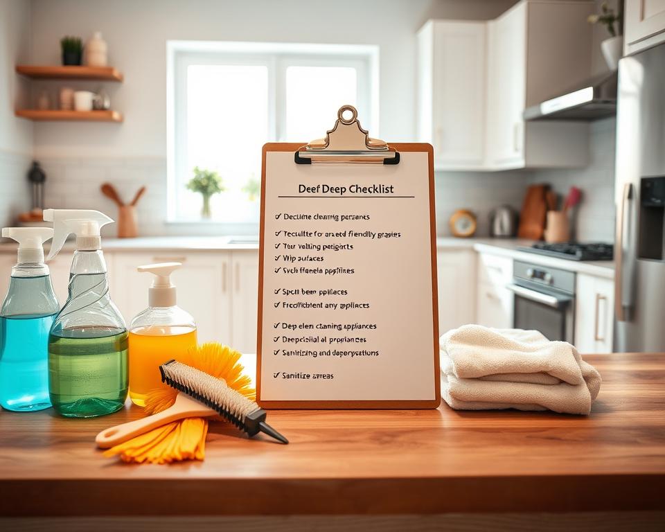 A detailed and organized kitchen deep cleaning checklist displayed on a wooden kitchen counter. The foreground features neatly arranged cleaning supplies, such as eco-friendly detergents, scrub brushes, and microfiber cloths. In the middle, a well-structured checklist on a clipboard outlines phases like decluttering, wiping surfaces, deep cleaning appliances, and sanitizing areas. The background shows a bright, modern kitchen with clean countertops, spotless cabinets, and gleaming appliances, enhancing the idea of cleanliness. Soft, natural light streams through a window, creating an inviting atmosphere. Use a warm color palette to convey a sense of comfort and homeliness. The camera angle is slightly above eye level, capturing the checklist and the orderly kitchen as a cohesive scene. A detailed and organized kitchen deep cleaning checklist displayed on a wooden kitchen counter. The foreground features neatly arranged cleaning supplies, such as eco-friendly detergents, scrub brushes, and microfiber cloths. In the middle, a well-structured checklist on a clipboard outlines phases like decluttering, wiping surfaces, deep cleaning appliances, and sanitizing areas. The background shows a bright, modern kitchen with clean countertops, spotless cabinets, and gleaming appliances, enhancing the idea of cleanliness. Soft, natural light streams through a window, creating an inviting atmosphere. Use a warm color palette to convey a sense of comfort and homeliness. The camera angle is slightly above eye level, capturing the checklist and the orderly kitchen as a cohesive scene.