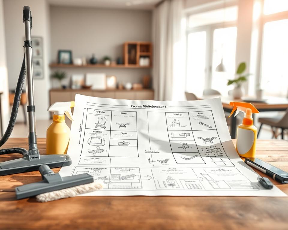 A detailed blueprint illustrating a proactive home maintenance plan, with a focus on cleaning and pest control. In the foreground, various home maintenance tools such as a vacuum cleaner, mop, and pest control spray are artistically arranged on a wooden table. The middle section displays a large, open blueprint on the table, sketched with clearly labeled sections for different areas of the house, including rooms and their maintenance tasks. The background features a well-lit, modern home interior, accentuating a clean and organized environment. Soft, natural light streams in from a window, casting gentle shadows. The overall atmosphere is tidy, professional, and inviting, promoting a sense of order and well-being. A detailed blueprint illustrating a proactive home maintenance plan, with a focus on cleaning and pest control. In the foreground, various home maintenance tools such as a vacuum cleaner, mop, and pest control spray are artistically arranged on a wooden table. The middle section displays a large, open blueprint on the table, sketched with clearly labeled sections for different areas of the house, including rooms and their maintenance tasks. The background features a well-lit, modern home interior, accentuating a clean and organized environment. Soft, natural light streams in from a window, casting gentle shadows. The overall atmosphere is tidy, professional, and inviting, promoting a sense of order and well-being.