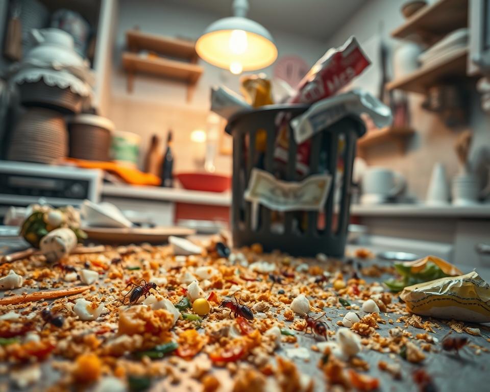 A detailed close-up image of an assortment of food residues on a messy kitchen countertop, showcasing a "pest buffet" scenario. The foreground features layers of crumbs, spilled sauces, and leftover bits of vegetables, with a few ants and cockroaches scuttling around, highlighting the pest attraction. In the middle ground, include a partially open trash can overflowing with discarded food wrappers and organic waste, with a warm, soft lighting emanating from an overhead light fixture, creating a slightly ominous yet realistic ambiance. The background shows a cluttered kitchen with dishes piled in the sink and scattered utensils. The scene should evoke a sense of disorder related to cleanliness and pest issues, capturing the essence of how food waste can attract pests in homes, especially in the UAE's warm climate. A detailed close-up image of an assortment of food residues on a messy kitchen countertop, showcasing a "pest buffet" scenario. The foreground features layers of crumbs, spilled sauces, and leftover bits of vegetables, with a few ants and cockroaches scuttling around, highlighting the pest attraction. In the middle ground, include a partially open trash can overflowing with discarded food wrappers and organic waste, with a warm, soft lighting emanating from an overhead light fixture, creating a slightly ominous yet realistic ambiance. The background shows a cluttered kitchen with dishes piled in the sink and scattered utensils. The scene should evoke a sense of disorder related to cleanliness and pest issues, capturing the essence of how food waste can attract pests in homes, especially in the UAE's warm climate.