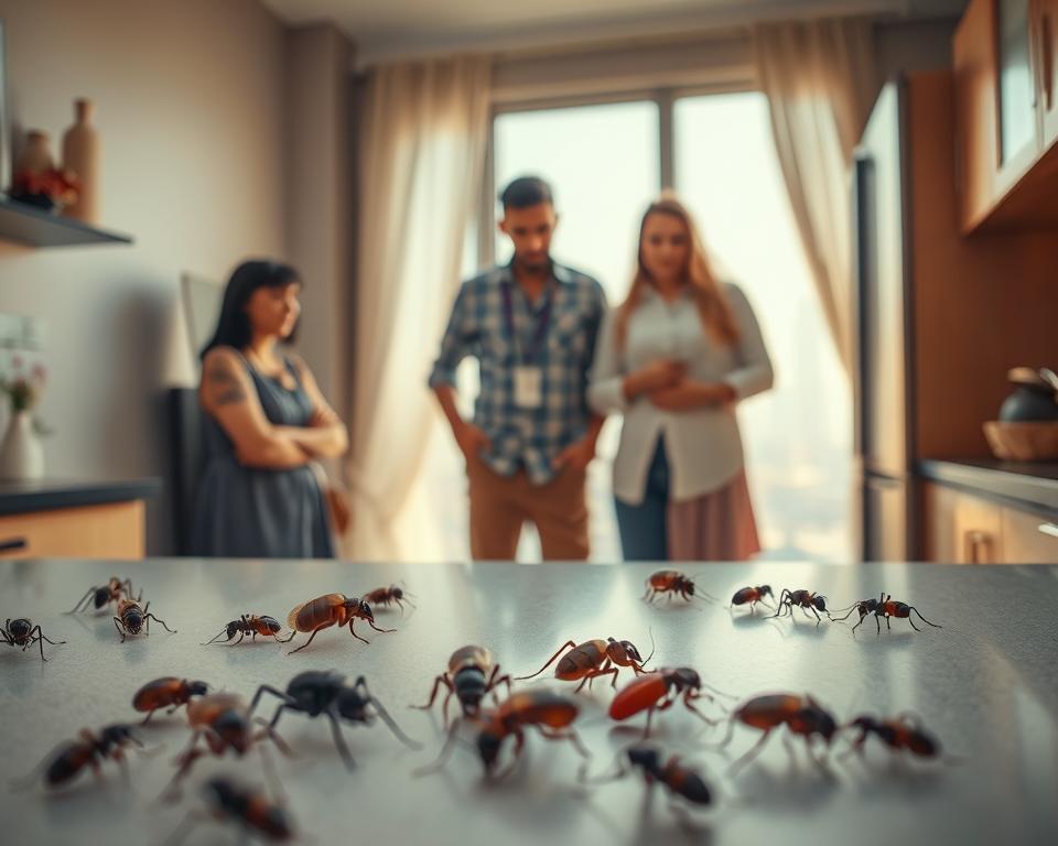 A detailed close-up of a home interior in Sharjah highlighting the health risks associated with pest infestation. In the foreground, show an array of common household pests like cockroaches, ants, and termites on a kitchen countertop, creating a sense of urgency. In the middle, depict an anxious family, dressed in modest, casual clothing, looking at a pest control technician in professional attire, who is examining the home environment for signs of infestation. In the background, show a bright, sunlit window with a view of the Sharjah skyline, hinting at the outside world. The overall atmosphere is serious yet hopeful, emphasizing the importance of pest control for a healthier living space. Use soft natural lighting to enhance the warm yet concerning mood. A detailed close-up of a home interior in Sharjah highlighting the health risks associated with pest infestation. In the foreground, show an array of common household pests like cockroaches, ants, and termites on a kitchen countertop, creating a sense of urgency. In the middle, depict an anxious family, dressed in modest, casual clothing, looking at a pest control technician in professional attire, who is examining the home environment for signs of infestation. In the background, show a bright, sunlit window with a view of the Sharjah skyline, hinting at the outside world. The overall atmosphere is serious yet hopeful, emphasizing the importance of pest control for a healthier living space. Use soft natural lighting to enhance the warm yet concerning mood.