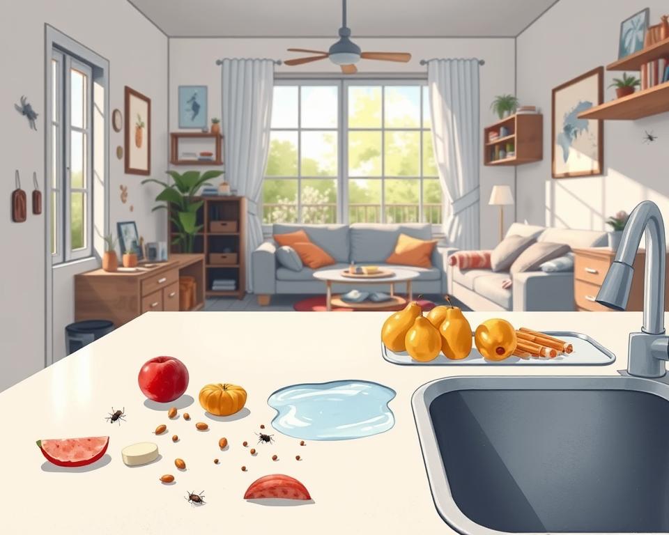 A detailed illustration depicting the concept of pest attraction, focusing on food, water, and shelter in an indoor setting. In the foreground, a clean kitchen counter with various food items left exposed, such as fruits and crumbs. In the middle, a small puddle of water near a sink, highlighting moisture as an attraction for pests. Surrounding these elements, create a cozy but slightly disorganized living space that hints at potential shelter for pests, with some clutter and dark corners. The background includes a window showing a bright, sunny day outside, emphasizing cleanliness and hygiene. Use soft, natural lighting to create an inviting atmosphere, shot from a slightly elevated angle to capture all elements harmoniously, focusing on effective pest prevention strategies. A detailed illustration depicting the concept of pest attraction, focusing on food, water, and shelter in an indoor setting. In the foreground, a clean kitchen counter with various food items left exposed, such as fruits and crumbs. In the middle, a small puddle of water near a sink, highlighting moisture as an attraction for pests. Surrounding these elements, create a cozy but slightly disorganized living space that hints at potential shelter for pests, with some clutter and dark corners. The background includes a window showing a bright, sunny day outside, emphasizing cleanliness and hygiene. Use soft, natural lighting to create an inviting atmosphere, shot from a slightly elevated angle to capture all elements harmoniously, focusing on effective pest prevention strategies.