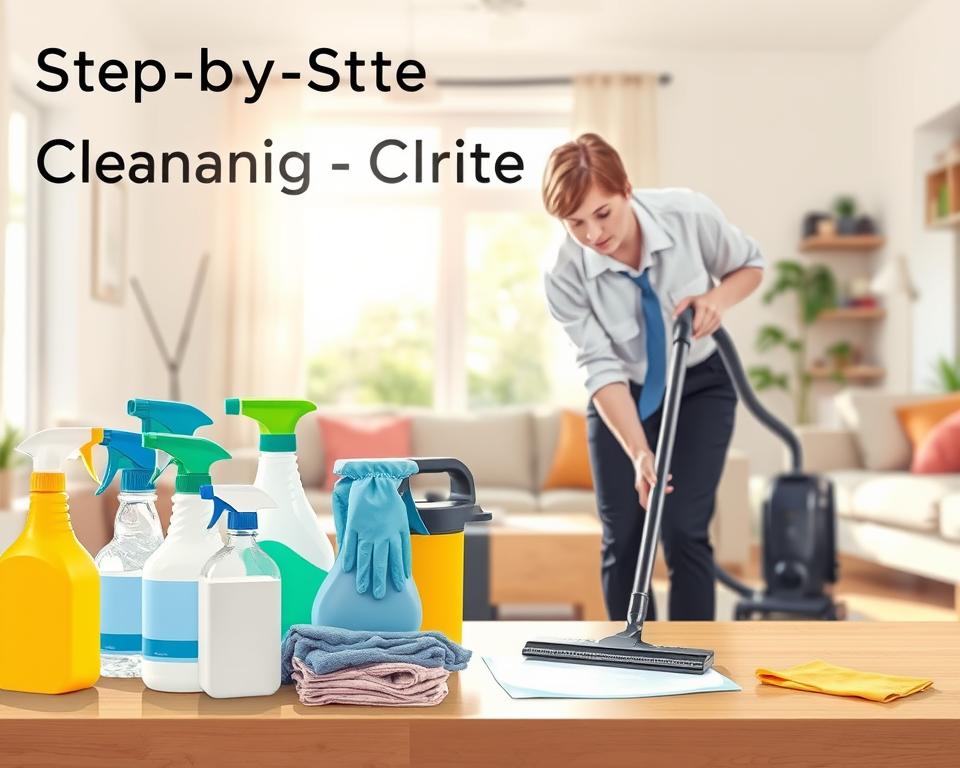 A detailed illustration of a "Step-by-Step Post-Pest Control Cleaning Guide." In the foreground, a well-organized cleaning station featuring a variety of cleaning supplies: spray bottles, cloths, gloves, and a vacuum. In the middle ground, a professional individual dressed in smart casual attire, demonstrating the cleaning process on a surface, focused and methodical. The background reveals a cozy living room, with light streaming through the window, creating a warm and inviting atmosphere. Sunlight illuminates the scene, enhancing the sense of cleanliness and order. The composition captures a clear view of the cleaning steps and equipment, emphasizing practicality and professionalism. The overall mood conveys diligence and readiness, making it visually appealing for readers. A detailed illustration of a "Step-by-Step Post-Pest Control Cleaning Guide." In the foreground, a well-organized cleaning station featuring a variety of cleaning supplies: spray bottles, cloths, gloves, and a vacuum. In the middle ground, a professional individual dressed in smart casual attire, demonstrating the cleaning process on a surface, focused and methodical. The background reveals a cozy living room, with light streaming through the window, creating a warm and inviting atmosphere. Sunlight illuminates the scene, enhancing the sense of cleanliness and order. The composition captures a clear view of the cleaning steps and equipment, emphasizing practicality and professionalism. The overall mood conveys diligence and readiness, making it visually appealing for readers.