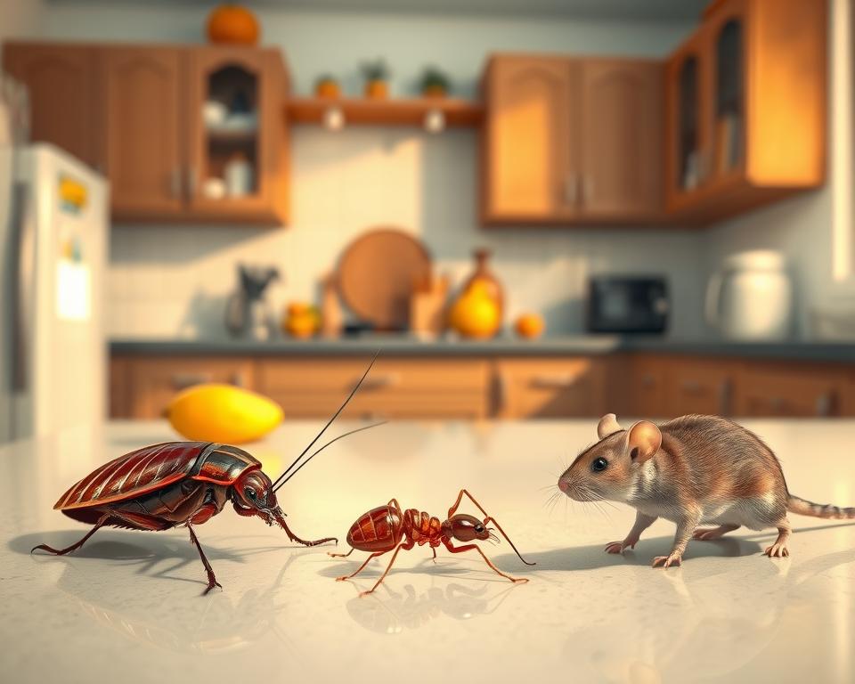 A detailed illustration showcasing common household pests found in Sharjah, focusing on three main types: a cockroach, a termite, and a mouse. In the foreground, clearly depict the pests on a clean surface, illustrating their distinct features—glossy shell for the cockroach, textured wings for the termite, and the furry body of the mouse. In the middle ground, include various household items like a wooden cabinet and a piece of fruit, signaling invasion points. The background should feature a blurred kitchen setting for context, illuminated by warm, natural lighting to create an inviting atmosphere. Use a slightly angled view to enhance depth and focus on the pests, capturing their details vividly while maintaining professionalism. A detailed illustration showcasing common household pests found in Sharjah, focusing on three main types: a cockroach, a termite, and a mouse. In the foreground, clearly depict the pests on a clean surface, illustrating their distinct features—glossy shell for the cockroach, textured wings for the termite, and the furry body of the mouse. In the middle ground, include various household items like a wooden cabinet and a piece of fruit, signaling invasion points. The background should feature a blurred kitchen setting for context, illuminated by warm, natural lighting to create an inviting atmosphere. Use a slightly angled view to enhance depth and focus on the pests, capturing their details vividly while maintaining professionalism.