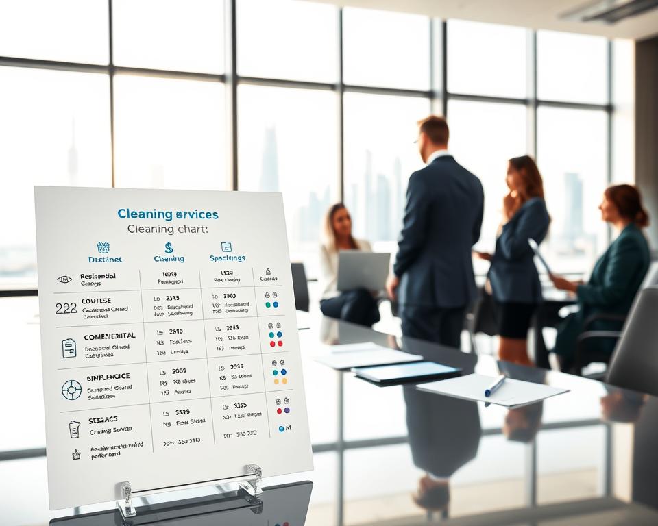 A modern and stylish pricing chart for cleaning services in the UAE, prominently displayed in a well-lit office setting. In the foreground, a sleek, glossy infographic outlines various cleaning packages, featuring icons for residential, commercial, and specialized services. The middle ground showcases a diverse group of professionals, dressed in smart business attire, engaged in a collaborative discussion about pricing, with laptops and documents on a polished conference table. In the background, large windows reveal a stunning skyline of Dubai with its iconic buildings under a bright, sunny sky. Capture the scene using a wide-angle lens to enhance the spaciousness, with soft, natural lighting that creates a vibrant and welcoming atmosphere, emphasizing clarity and professionalism. A modern and stylish pricing chart for cleaning services in the UAE, prominently displayed in a well-lit office setting. In the foreground, a sleek, glossy infographic outlines various cleaning packages, featuring icons for residential, commercial, and specialized services. The middle ground showcases a diverse group of professionals, dressed in smart business attire, engaged in a collaborative discussion about pricing, with laptops and documents on a polished conference table. In the background, large windows reveal a stunning skyline of Dubai with its iconic buildings under a bright, sunny sky. Capture the scene using a wide-angle lens to enhance the spaciousness, with soft, natural lighting that creates a vibrant and welcoming atmosphere, emphasizing clarity and professionalism.