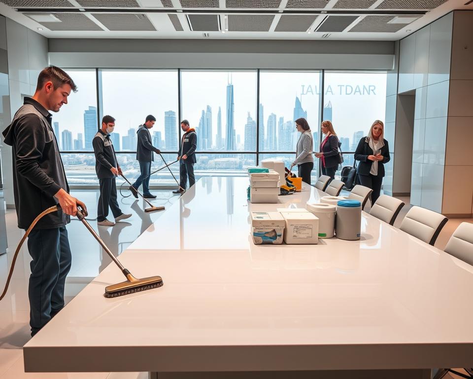 A modern, pristine workplace in the UAE, showcasing a diverse team of professional cleaners in smart uniforms diligently maintaining high cleanliness standards. In the foreground, a focused worker is using high-tech cleaning equipment, while another is organizing sanitized supplies on a sleek, glass desk. The middle ground features spotless surfaces reflecting the bright, natural light coming through large windows. The background includes the iconic skyline of a UAE city, representing progress and innovation. The atmosphere is one of professionalism and dedication, emphasizing a commitment to elevating cleanliness. The scene captures a sense of collaboration and meticulous attention to detail, with a clean, well-lit environment conveying an inviting and fresh mood. A modern, pristine workplace in the UAE, showcasing a diverse team of professional cleaners in smart uniforms diligently maintaining high cleanliness standards. In the foreground, a focused worker is using high-tech cleaning equipment, while another is organizing sanitized supplies on a sleek, glass desk. The middle ground features spotless surfaces reflecting the bright, natural light coming through large windows. The background includes the iconic skyline of a UAE city, representing progress and innovation. The atmosphere is one of professionalism and dedication, emphasizing a commitment to elevating cleanliness. The scene captures a sense of collaboration and meticulous attention to detail, with a clean, well-lit environment conveying an inviting and fresh mood.