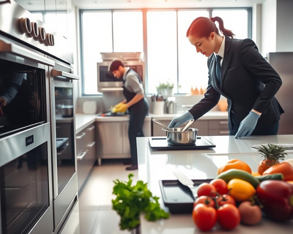 A modern professional kitchen setting, showcasing a team of two cleaners in professional business attire focused on deep cleaning. In the foreground, one cleaner is scrubbing a stainless-steel oven with precision, while the other is organizing a tidy set of utensils and cookware on a sanitized countertop. The middle ground features gleaming surfaces, with vibrant, fresh ingredients arranged neatly, highlighting cleanliness and order. The background reveals industrial kitchen appliances and large windows letting in warm, natural light, creating an inviting atmosphere. The scene embodies a sense of efficiency and professionalism, emphasizing the importance of calling experts for a thorough kitchen deep clean. The overall mood is bright, polished, and meticulous, capturing the essence of effective kitchen cleaning services. A modern professional kitchen setting, showcasing a team of two cleaners in professional business attire focused on deep cleaning. In the foreground, one cleaner is scrubbing a stainless-steel oven with precision, while the other is organizing a tidy set of utensils and cookware on a sanitized countertop. The middle ground features gleaming surfaces, with vibrant, fresh ingredients arranged neatly, highlighting cleanliness and order. The background reveals industrial kitchen appliances and large windows letting in warm, natural light, creating an inviting atmosphere. The scene embodies a sense of efficiency and professionalism, emphasizing the importance of calling experts for a thorough kitchen deep clean. The overall mood is bright, polished, and meticulous, capturing the essence of effective kitchen cleaning services.