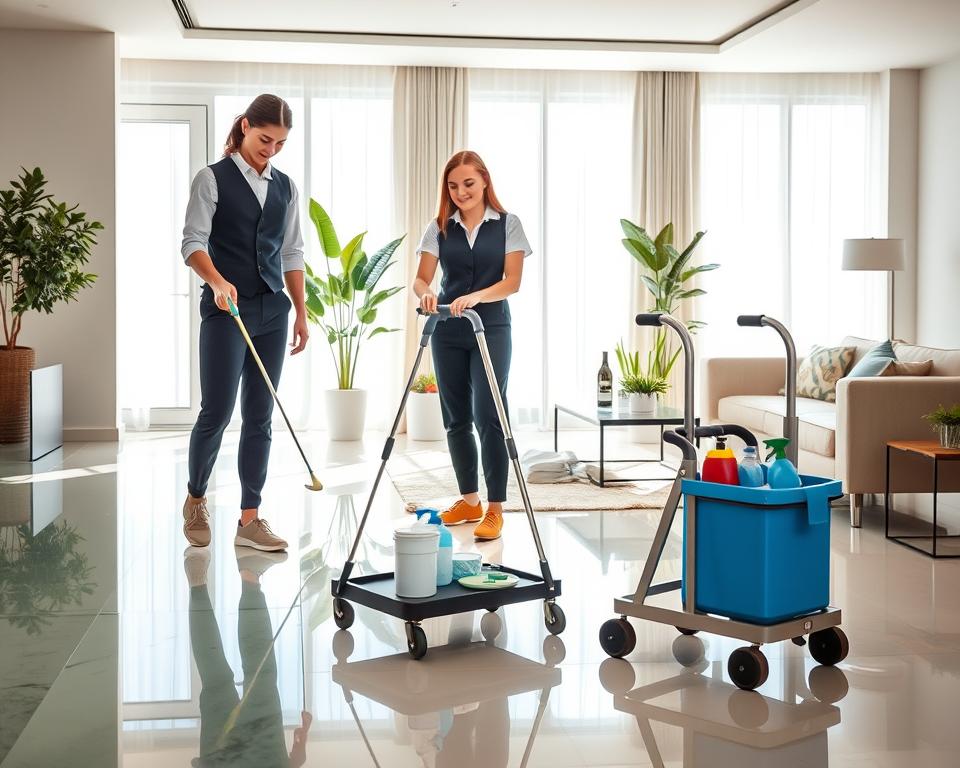 A modern, sophisticated cleaning service in action, with a diverse team of three professional cleaners in neatly pressed uniforms. In the foreground, one cleaner is meticulously wiping a sparkling glass surface, while another organizes cleaning supplies on a stylish cart. In the middle, a well-lit, open-concept home showcases polished floors and spotless furniture, depicting an atmosphere of immaculate cleanliness. Bright natural light streams through large windows, casting gentle shadows that enhance the inviting space. In the background, potted plants add a touch of greenery, symbolizing freshness and vitality. The overall mood conveys professionalism, trust, and a commitment to delivering exceptional cleanliness, perfect for a premier cleaning company in the UAE. A modern, sophisticated cleaning service in action, with a diverse team of three professional cleaners in neatly pressed uniforms. In the foreground, one cleaner is meticulously wiping a sparkling glass surface, while another organizes cleaning supplies on a stylish cart. In the middle, a well-lit, open-concept home showcases polished floors and spotless furniture, depicting an atmosphere of immaculate cleanliness. Bright natural light streams through large windows, casting gentle shadows that enhance the inviting space. In the background, potted plants add a touch of greenery, symbolizing freshness and vitality. The overall mood conveys professionalism, trust, and a commitment to delivering exceptional cleanliness, perfect for a premier cleaning company in the UAE.