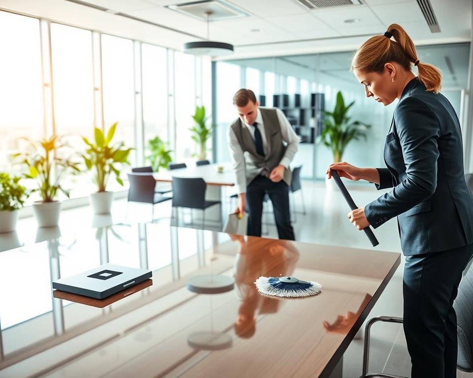 A modern, well-lit office environment showcasing the benefits of professional cleaning services. In the foreground, a professional cleaner in a smart uniform carefully dusts a polished desk with high-end office equipment, emphasizing attention to detail. The middle ground features a spotless conference room with gleaming surfaces, a large table set for a meeting, and vibrant indoor plants, illustrating a clutter-free, healthy workspace. The background includes large windows with sunlight streaming in, creating a bright and welcoming atmosphere. The overall mood is fresh, organized, and efficient, conveying a sense of professionalism and cleanliness. Use a wide-angle perspective with soft focus on the background to accentuate the contrast between clean and dirty spaces, highlighting the transformative effect of professional cleaning. A modern, well-lit office environment showcasing the benefits of professional cleaning services. In the foreground, a professional cleaner in a smart uniform carefully dusts a polished desk with high-end office equipment, emphasizing attention to detail. The middle ground features a spotless conference room with gleaming surfaces, a large table set for a meeting, and vibrant indoor plants, illustrating a clutter-free, healthy workspace. The background includes large windows with sunlight streaming in, creating a bright and welcoming atmosphere. The overall mood is fresh, organized, and efficient, conveying a sense of professionalism and cleanliness. Use a wide-angle perspective with soft focus on the background to accentuate the contrast between clean and dirty spaces, highlighting the transformative effect of professional cleaning.