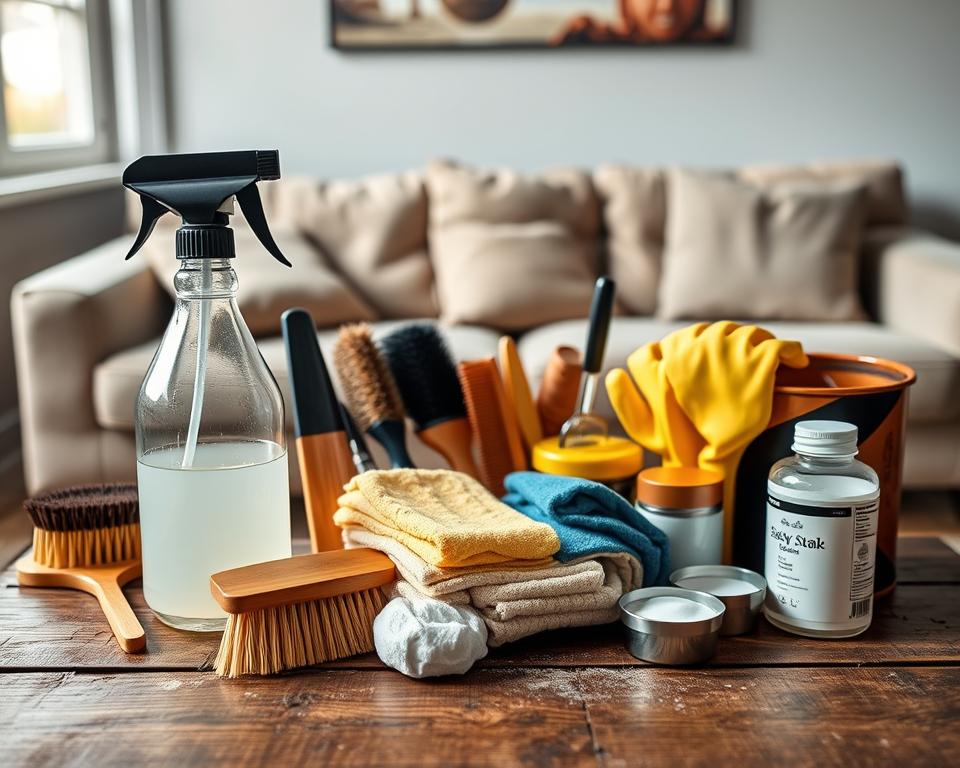 A neatly organized stain removal toolkit displayed on a rustic wooden table. In the foreground, a high-quality array of essentials including a spray bottle of gentle stain remover, several brushes with varied bristle types, microfiber cloths in different colors, a set of rubber gloves, and small containers of baking soda and vinegar. In the middle, a well-worn but clean sofa and carpet partially in view, hinting at their stained condition. The background features a softly lit window allowing natural light to illuminate the scene, creating a warm, inviting atmosphere. The angle captures a slightly elevated perspective, showcasing the toolkit clearly while hinting at the practical setting. The mood is focused and proactive, suitable for DIY enthusiasts looking to tackle stubborn stains effectively. A neatly organized stain removal toolkit displayed on a rustic wooden table. In the foreground, a high-quality array of essentials including a spray bottle of gentle stain remover, several brushes with varied bristle types, microfiber cloths in different colors, a set of rubber gloves, and small containers of baking soda and vinegar. In the middle, a well-worn but clean sofa and carpet partially in view, hinting at their stained condition. The background features a softly lit window allowing natural light to illuminate the scene, creating a warm, inviting atmosphere. The angle captures a slightly elevated perspective, showcasing the toolkit clearly while hinting at the practical setting. The mood is focused and proactive, suitable for DIY enthusiasts looking to tackle stubborn stains effectively.