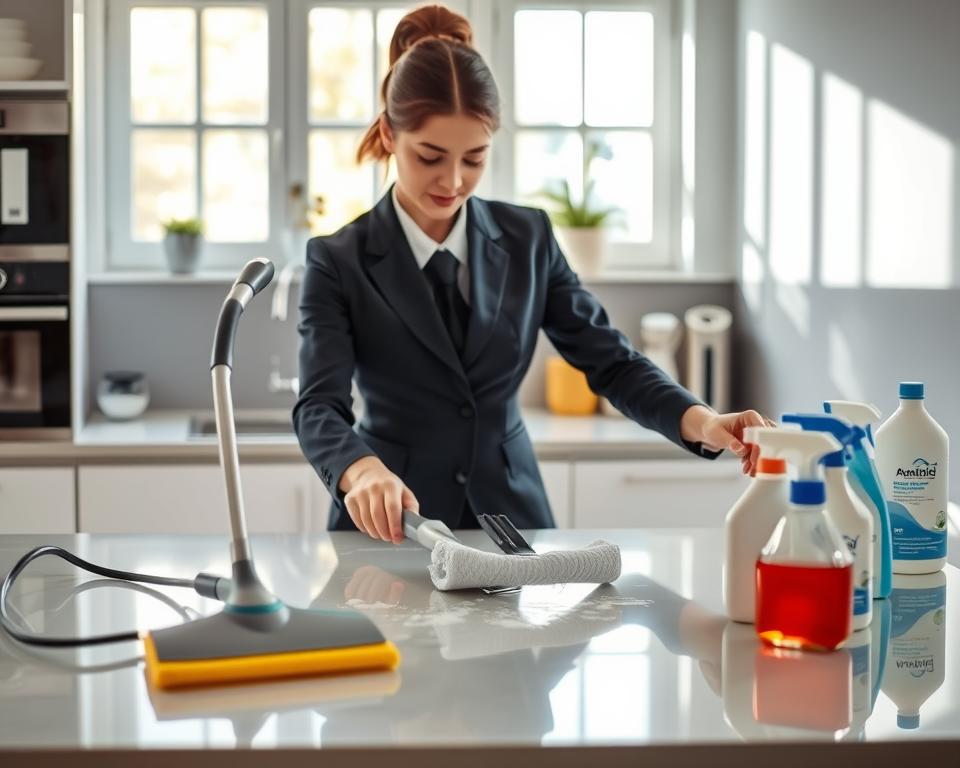 A professional cleaner in a sharp business uniform meticulously scrubbing a sparkling kitchen countertop, showcasing high-quality cleaning equipment like a steam cleaner and advanced detergents on a nearby table. In the foreground, the cleaner demonstrates expertise with various cleaning tools, accentuating precision and care in their movements. The middle ground features a gleaming kitchen with well-organized cleaning supplies, highlighting professionalism. In the background, a window allows natural light to flood the scene, casting soft shadows and enhancing the clean environment's bright, inviting atmosphere. The overall mood conveys dedication, effort, and a commitment to excellence in cleaning, illustrating the contrast between professional methods and DIY cleaning efforts. A professional cleaner in a sharp business uniform meticulously scrubbing a sparkling kitchen countertop, showcasing high-quality cleaning equipment like a steam cleaner and advanced detergents on a nearby table. In the foreground, the cleaner demonstrates expertise with various cleaning tools, accentuating precision and care in their movements. The middle ground features a gleaming kitchen with well-organized cleaning supplies, highlighting professionalism. In the background, a window allows natural light to flood the scene, casting soft shadows and enhancing the clean environment's bright, inviting atmosphere. The overall mood conveys dedication, effort, and a commitment to excellence in cleaning, illustrating the contrast between professional methods and DIY cleaning efforts.