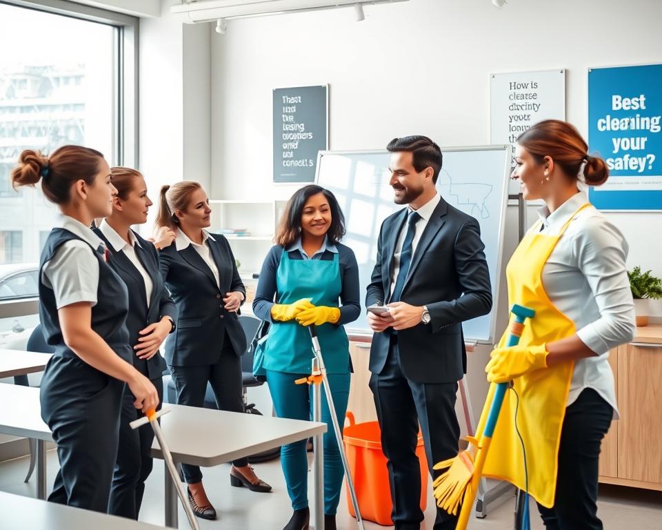 A professional cleaning staff training session in a modern classroom setting. In the foreground, a diverse group of three employees dressed in smart uniforms, actively engaged in discussions and examining cleaning equipment. The middle ground features a trainer demonstrating the proper use of cleaning tools on a whiteboard, showcasing best practices and safety protocols. The background includes large windows allowing natural light to pour in, creating an uplifting atmosphere. The room is neatly organized, adorned with motivational posters about cleanliness and professionalism. The lighting is bright and inviting, highlighting the professionalism of the training environment. The angle is slightly elevated, capturing the dynamic interaction among the trainees and trainer, emphasizing teamwork and collaboration in the cleaning industry. A professional cleaning staff training session in a modern classroom setting. In the foreground, a diverse group of three employees dressed in smart uniforms, actively engaged in discussions and examining cleaning equipment. The middle ground features a trainer demonstrating the proper use of cleaning tools on a whiteboard, showcasing best practices and safety protocols. The background includes large windows allowing natural light to pour in, creating an uplifting atmosphere. The room is neatly organized, adorned with motivational posters about cleanliness and professionalism. The lighting is bright and inviting, highlighting the professionalism of the training environment. The angle is slightly elevated, capturing the dynamic interaction among the trainees and trainer, emphasizing teamwork and collaboration in the cleaning industry.