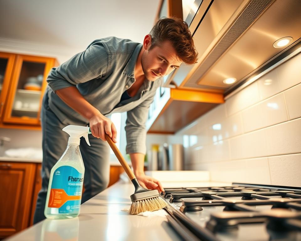 A professional kitchen scene focused on deep cleaning, featuring an individual in modest casual clothing diligently scrubbing tile grout with a brush, showcasing a mix of determination and focus. Nearby, a degreaser spray bottle sits next to a gleaming stainless steel range hood, reflecting overhead lights. The background displays a spotless, organized kitchen with wooden cabinets and colorful dishware, enhancing the bright, clean atmosphere. Soft, warm lighting highlights the various cleaning tools, providing a cozy yet industrious mood. The angle captures the action from a slightly elevated perspective, emphasizing the details of the grout and the shine of the range hood, evoking a sense of accomplishment in tackling kitchen grime and grease. A professional kitchen scene focused on deep cleaning, featuring an individual in modest casual clothing diligently scrubbing tile grout with a brush, showcasing a mix of determination and focus. Nearby, a degreaser spray bottle sits next to a gleaming stainless steel range hood, reflecting overhead lights. The background displays a spotless, organized kitchen with wooden cabinets and colorful dishware, enhancing the bright, clean atmosphere. Soft, warm lighting highlights the various cleaning tools, providing a cozy yet industrious mood. The angle captures the action from a slightly elevated perspective, emphasizing the details of the grout and the shine of the range hood, evoking a sense of accomplishment in tackling kitchen grime and grease.