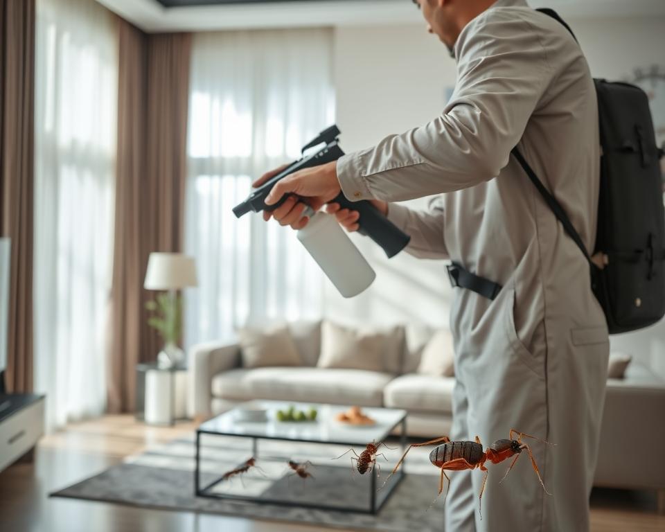 A professional pest control technician wearing a branded uniform, equipped with modern pest control tools, demonstrates the application of eco-friendly treatment methods inside a well-lit residential living room in Sharjah. The foreground features the technician carefully spraying a targeted solution, while in the middle ground, a detailed view of common pests like ants and cockroaches is visible. The background depicts a clean, contemporary home environment with subtle Middle Eastern decor, hinting at local aesthetics. Soft, natural lighting streams through a large window, creating a bright atmosphere that emphasizes professionalism and efficiency. The overall mood conveys trust and expertise in pest management solutions, showcasing the effectiveness of pest control services tailored for homeowners in Sharjah. A professional pest control technician wearing a branded uniform, equipped with modern pest control tools, demonstrates the application of eco-friendly treatment methods inside a well-lit residential living room in Sharjah. The foreground features the technician carefully spraying a targeted solution, while in the middle ground, a detailed view of common pests like ants and cockroaches is visible. The background depicts a clean, contemporary home environment with subtle Middle Eastern decor, hinting at local aesthetics. Soft, natural lighting streams through a large window, creating a bright atmosphere that emphasizes professionalism and efficiency. The overall mood conveys trust and expertise in pest management solutions, showcasing the effectiveness of pest control services tailored for homeowners in Sharjah.