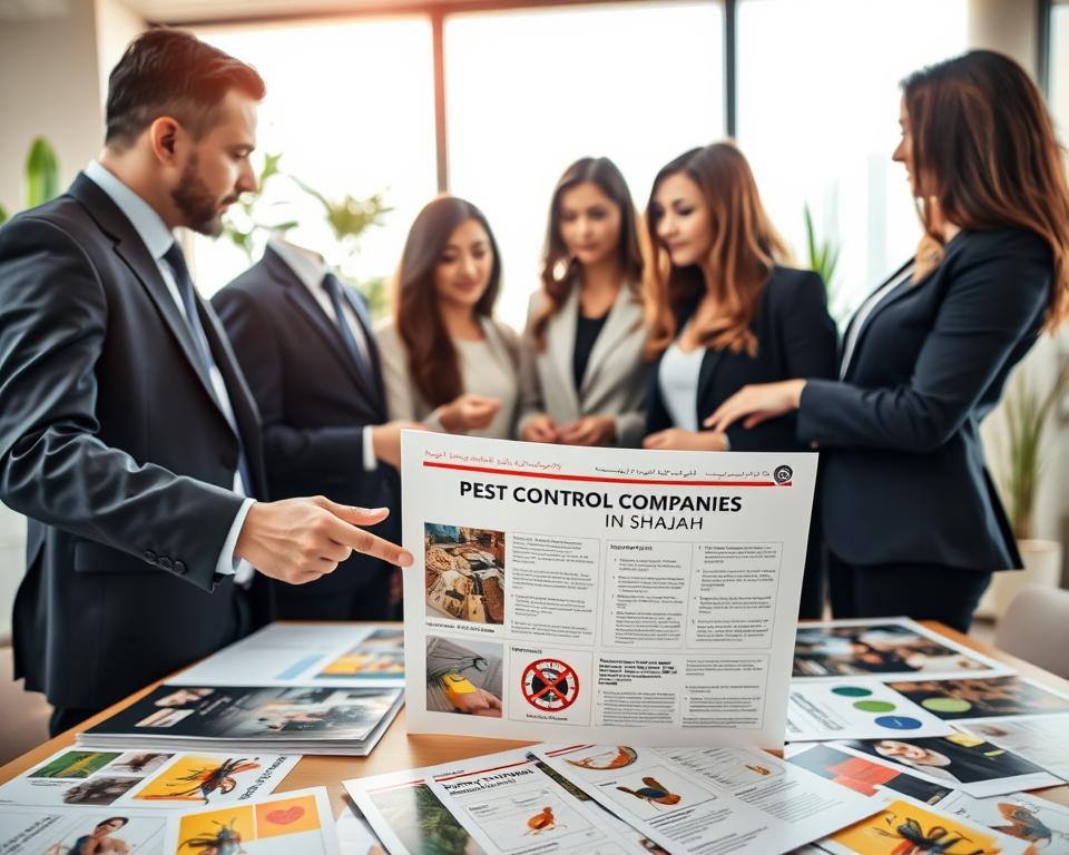 A professional setting showcasing a diverse group of three individuals (a man and two women) in smart business attire, gathered around a table covered with brochures and reports on pest control services. The foreground features an informative pamphlet titled “Pest Control Companies in Sharjah”. In the middle ground, the individuals are engaged in a discussion, pointing at different pamphlet highlights. The background displays a brightly lit office with plants and a window revealing the Sharjah skyline. Soft, natural light streams through the window, creating a warm and inviting atmosphere. The angle is slightly elevated, capturing an overview of the discussion and materials, emphasizing collaboration and decision-making. The mood is focused and professional, reflecting the importance of choosing the right service. A professional setting showcasing a diverse group of three individuals (a man and two women) in smart business attire, gathered around a table covered with brochures and reports on pest control services. The foreground features an informative pamphlet titled “Pest Control Companies in Sharjah”. In the middle ground, the individuals are engaged in a discussion, pointing at different pamphlet highlights. The background displays a brightly lit office with plants and a window revealing the Sharjah skyline. Soft, natural light streams through the window, creating a warm and inviting atmosphere. The angle is slightly elevated, capturing an overview of the discussion and materials, emphasizing collaboration and decision-making. The mood is focused and professional, reflecting the importance of choosing the right service.