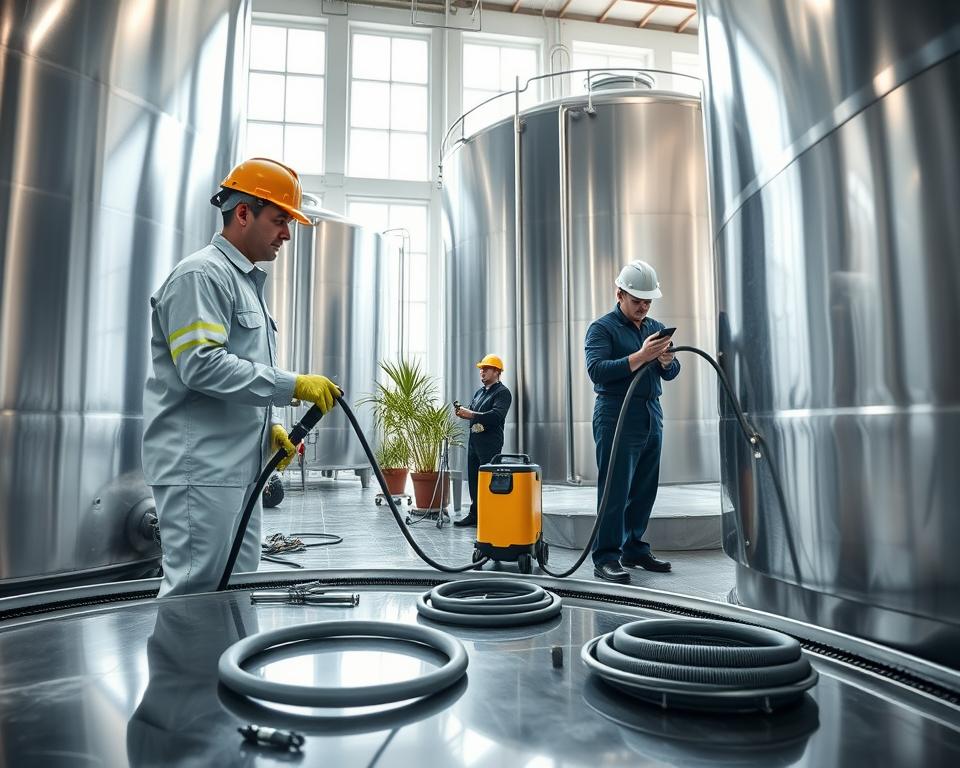A professional water tank cleaning process inside a large, well-lit water storage facility. In the foreground, a technician in a safety helmet and gloves meticulously scrubs the interior walls of a large water tank with specialized cleaning equipment, showcasing the importance of thorough sanitation. In the middle, various cleaning tools and hoses are organized neatly, while a second technician checks equipment settings on a portable device. The background features stainless steel tanks reflecting bright, natural light from large windows, emphasizing cleanliness. A few potted plants add a touch of greenery. The overall atmosphere conveys a sense of professionalism and safety, with high contrast lighting that highlights the shiny surfaces and the meticulous work involved in ensuring water purity. A professional water tank cleaning process inside a large, well-lit water storage facility. In the foreground, a technician in a safety helmet and gloves meticulously scrubs the interior walls of a large water tank with specialized cleaning equipment, showcasing the importance of thorough sanitation. In the middle, various cleaning tools and hoses are organized neatly, while a second technician checks equipment settings on a portable device. The background features stainless steel tanks reflecting bright, natural light from large windows, emphasizing cleanliness. A few potted plants add a touch of greenery. The overall atmosphere conveys a sense of professionalism and safety, with high contrast lighting that highlights the shiny surfaces and the meticulous work involved in ensuring water purity.