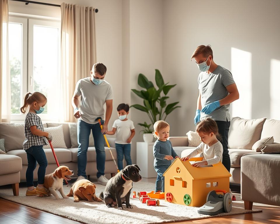 A serene family setting in a well-lit living room, showcasing a family with two adults and two children, while a small dog and a cat play safely nearby. The adults, dressed in modest casual clothing, are carefully cleaning surfaces, wearing gloves and masks, emphasizing a post-pest control environment. The children are happily organizing their toys in a corner, maintaining a safe distance from the areas just treated. Sunlight streams through the windows, creating a warm and inviting atmosphere. In the background, a few houseplants thrive, symbolizing a safe, pest-free environment. Ensure the composition is well-balanced with soft, natural lighting to evoke a sense of comfort and security. A serene family setting in a well-lit living room, showcasing a family with two adults and two children, while a small dog and a cat play safely nearby. The adults, dressed in modest casual clothing, are carefully cleaning surfaces, wearing gloves and masks, emphasizing a post-pest control environment. The children are happily organizing their toys in a corner, maintaining a safe distance from the areas just treated. Sunlight streams through the windows, creating a warm and inviting atmosphere. In the background, a few houseplants thrive, symbolizing a safe, pest-free environment. Ensure the composition is well-balanced with soft, natural lighting to evoke a sense of comfort and security.