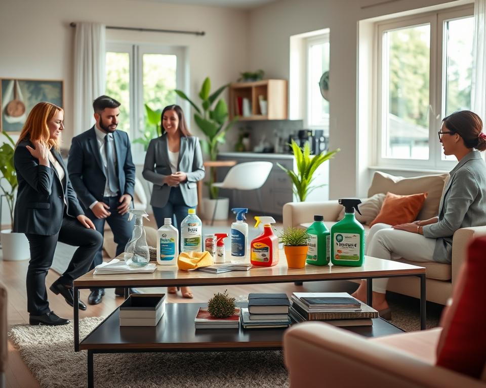 A serene, well-organized home interior showcasing an integrated approach to maintenance. In the foreground, a diverse group of professionals—dressed in smart business attire—discussing home maintenance strategies around a sleek coffee table adorned with cleaning supplies and pest control products. In the middle, a cozy living room with sunlight streaming through large windows, highlighting a well-kept environment with plants, neatly arranged furniture, and vibrant colors. In the background, a glimpse of a kitchen with modern appliances and organized cabinets, symbolizing routine upkeep. Soft, warm lighting creates an inviting atmosphere, emphasizing a sense of harmony and proactive home management. The image evokes a feeling of collaboration and efficiency in home care. A serene, well-organized home interior showcasing an integrated approach to maintenance. In the foreground, a diverse group of professionals—dressed in smart business attire—discussing home maintenance strategies around a sleek coffee table adorned with cleaning supplies and pest control products. In the middle, a cozy living room with sunlight streaming through large windows, highlighting a well-kept environment with plants, neatly arranged furniture, and vibrant colors. In the background, a glimpse of a kitchen with modern appliances and organized cabinets, symbolizing routine upkeep. Soft, warm lighting creates an inviting atmosphere, emphasizing a sense of harmony and proactive home management. The image evokes a feeling of collaboration and efficiency in home care.