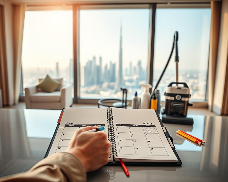 A sleek and organized cleaning schedule displayed prominently on a modern desk, with a stylish planner open to a week view. In the foreground, a pair of hands in smart casual attire, colored pens in hand, actively filling out the schedule, capturing the essence of reliability. The middle ground features a high-quality vacuum and cleaning supplies neatly arranged, conveying professionalism. In the background, a sunlit window showcases a dazzling urban skyline of the UAE, adding a vibrant atmosphere. Soft, warm lighting enhances the inviting mood, while a shallow depth of field creates a slight blur in the background, focusing attention on the schedule and cleaning tools. The overall impression is one of professionalism and efficiency, exemplifying consistency and high-quality results. A sleek and organized cleaning schedule displayed prominently on a modern desk, with a stylish planner open to a week view. In the foreground, a pair of hands in smart casual attire, colored pens in hand, actively filling out the schedule, capturing the essence of reliability. The middle ground features a high-quality vacuum and cleaning supplies neatly arranged, conveying professionalism. In the background, a sunlit window showcases a dazzling urban skyline of the UAE, adding a vibrant atmosphere. Soft, warm lighting enhances the inviting mood, while a shallow depth of field creates a slight blur in the background, focusing attention on the schedule and cleaning tools. The overall impression is one of professionalism and efficiency, exemplifying consistency and high-quality results.