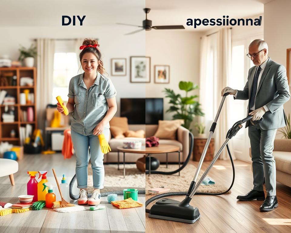 A split image illustrating DIY cleaning on the left and professional cleaning on the right. In the foreground, depict a person in modest casual clothing using a variety of colorful cleaning supplies, such as sponges, sprays, and brushes, with a focused and positive expression. On the right, show a professional cleaner in business attire, equipped with advanced cleaning tools like a vacuum and steam cleaner, demonstrating efficiency and expertise. In the middle ground, include a cozy living room setting with a mix of clutter and spots needing attention to highlight the difference in approaches. The background should have warm, natural lighting to create an inviting atmosphere, with a clean and tidy corner contrasting the messier DIY side. The overall mood should be informative and engaging, capturing the essence of both cleaning methods. A split image illustrating DIY cleaning on the left and professional cleaning on the right. In the foreground, depict a person in modest casual clothing using a variety of colorful cleaning supplies, such as sponges, sprays, and brushes, with a focused and positive expression. On the right, show a professional cleaner in business attire, equipped with advanced cleaning tools like a vacuum and steam cleaner, demonstrating efficiency and expertise. In the middle ground, include a cozy living room setting with a mix of clutter and spots needing attention to highlight the difference in approaches. The background should have warm, natural lighting to create an inviting atmosphere, with a clean and tidy corner contrasting the messier DIY side. The overall mood should be informative and engaging, capturing the essence of both cleaning methods.