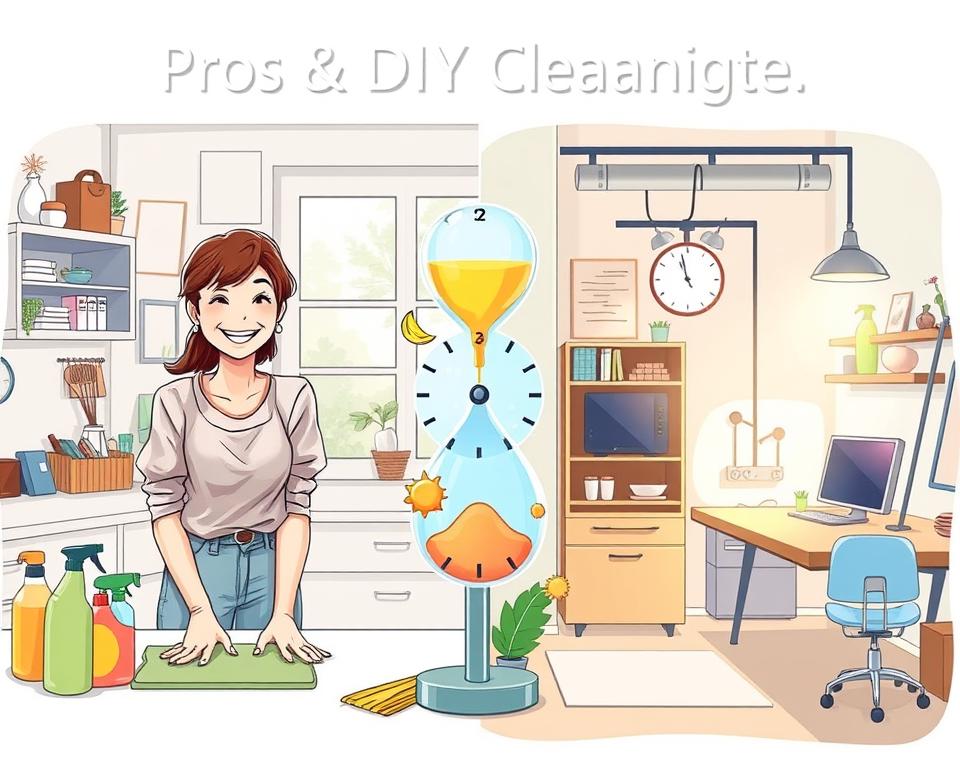 A split-scene illustration depicting the pros and cons of DIY cleaning, with the left side showcasing the advantages and the right side illustrating the disadvantages. In the foreground, a cheerful person wearing modest casual clothing happily cleaning a kitchen countertop, surrounded by eco-friendly cleaning products and tools that reflect a positive DIY atmosphere. In the middle section, contrasting images of time and effort involved, such as an hourglass and a clock with fading colors, to represent the time-consuming nature of DIY cleaning. In the background, a cluttered home space on the left, symbolizing the chaotic aspect of DIY cleaning, and a well-organized professional cleaning service workspace on the right, illuminated with bright, warm lighting, creating an inviting, productive feel. The overall mood is balanced, thoughtful, and informative. A split-scene illustration depicting the pros and cons of DIY cleaning, with the left side showcasing the advantages and the right side illustrating the disadvantages. In the foreground, a cheerful person wearing modest casual clothing happily cleaning a kitchen countertop, surrounded by eco-friendly cleaning products and tools that reflect a positive DIY atmosphere. In the middle section, contrasting images of time and effort involved, such as an hourglass and a clock with fading colors, to represent the time-consuming nature of DIY cleaning. In the background, a cluttered home space on the left, symbolizing the chaotic aspect of DIY cleaning, and a well-organized professional cleaning service workspace on the right, illuminated with bright, warm lighting, creating an inviting, productive feel. The overall mood is balanced, thoughtful, and informative.