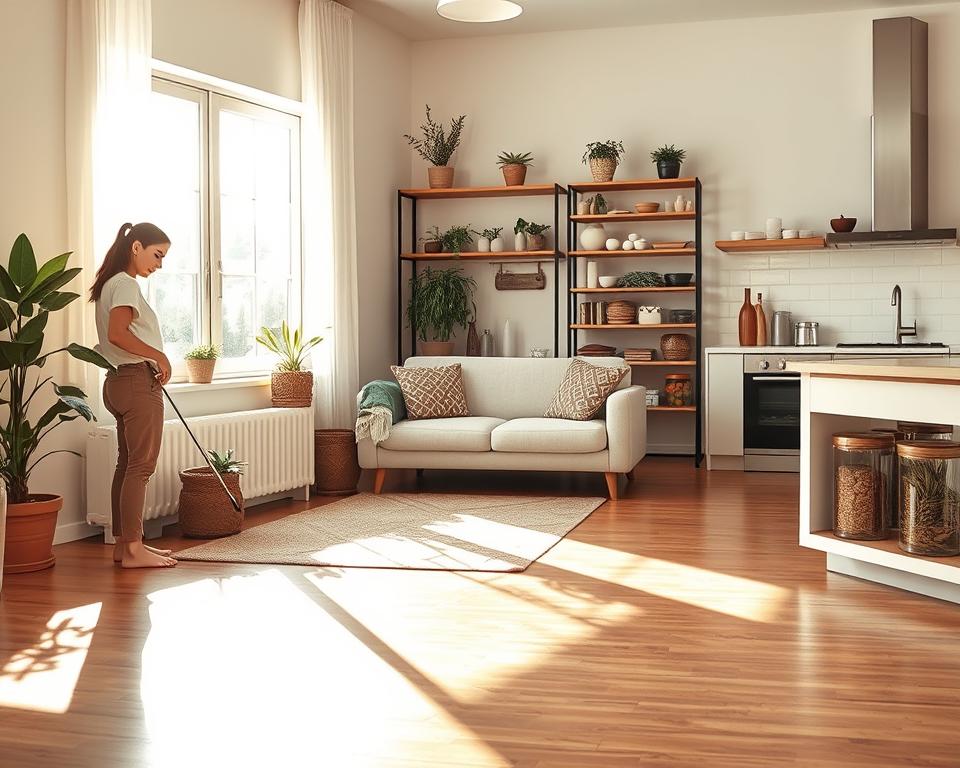 A strategically organized home cleaning scene designed to deter pests. In the foreground, a cozy living room features a person in modest casual clothing diligently cleaning with eco-friendly products. Bright sunlight streams through a large window, casting soft shadows and creating a warm, inviting atmosphere. In the middle ground, neatly arranged shelves with plants and pest-repelling herbs, alongside a pristine sofa and polished wooden floors. In the background, an open kitchen is visible, showcasing spotless countertops and neatly stored food items in sealed containers. The overall mood is one of cleanliness and tranquility, emphasizing the importance of intentional home care to prevent pest infestations. Use a wide-angle lens to capture the whole room, enhancing the feeling of space and organization. A strategically organized home cleaning scene designed to deter pests. In the foreground, a cozy living room features a person in modest casual clothing diligently cleaning with eco-friendly products. Bright sunlight streams through a large window, casting soft shadows and creating a warm, inviting atmosphere. In the middle ground, neatly arranged shelves with plants and pest-repelling herbs, alongside a pristine sofa and polished wooden floors. In the background, an open kitchen is visible, showcasing spotless countertops and neatly stored food items in sealed containers. The overall mood is one of cleanliness and tranquility, emphasizing the importance of intentional home care to prevent pest infestations. Use a wide-angle lens to capture the whole room, enhancing the feeling of space and organization.