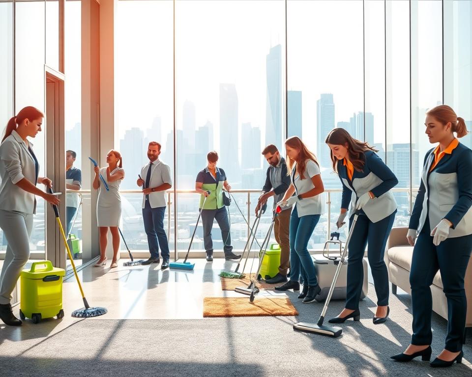 A vibrant and professional scene depicting a spectrum of cleaning services in a high-end urban environment. In the foreground, a team of diverse cleaning professionals in smart uniforms diligently cleans a luxury office space, showcasing modern cleaning equipment and eco-friendly products. The middle ground features various cleaning activities, such as window washing on a glass façade and carpet steam cleaning. The background displays a skyline of a contemporary UAE city, emphasizing innovation and professionalism. The lighting is bright and airy, with natural sunlight filtering through large windows, casting soft shadows. The atmosphere is one of efficiency and dedication, highlighting the top-tier quality of cleaning services available in the UAE. A vibrant and professional scene depicting a spectrum of cleaning services in a high-end urban environment. In the foreground, a team of diverse cleaning professionals in smart uniforms diligently cleans a luxury office space, showcasing modern cleaning equipment and eco-friendly products. The middle ground features various cleaning activities, such as window washing on a glass façade and carpet steam cleaning. The background displays a skyline of a contemporary UAE city, emphasizing innovation and professionalism. The lighting is bright and airy, with natural sunlight filtering through large windows, casting soft shadows. The atmosphere is one of efficiency and dedication, highlighting the top-tier quality of cleaning services available in the UAE.