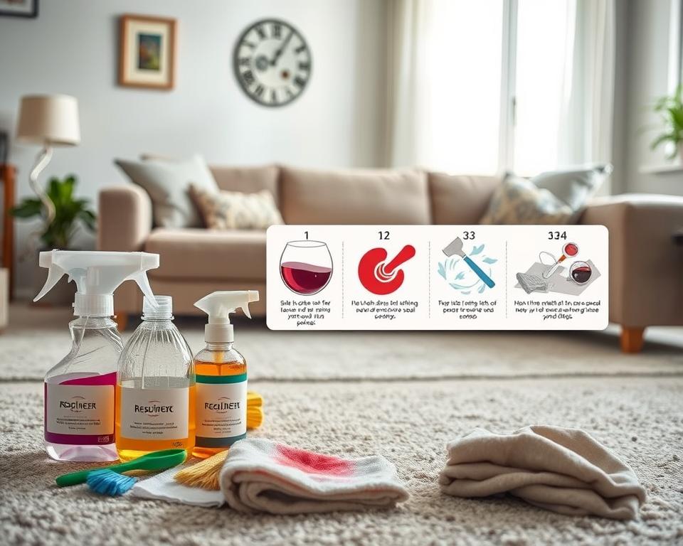 A visually engaging step-by-step stain removal guide showcasing various techniques to clean stubborn stains from a sofa and carpet. In the foreground, present neatly arranged cleaning supplies like sprays, brushes, and cloths with visible labels indicating their use. In the middle ground, an illustrated diagram showing numbered steps with clear visual cues represents the stain removal process, each step featuring different stains, like red wine and ink, fading into clean surfaces. In the background, a well-lit, cozy living room setting enhances the atmosphere, with natural light streaming through a window, creating a fresh and inviting feel. The mood should be practical and instructional, ideal for readers seeking effective cleaning solutions. The composition should highlight cleanliness and a sense of accomplishment, without any text or distractions. A visually engaging step-by-step stain removal guide showcasing various techniques to clean stubborn stains from a sofa and carpet. In the foreground, present neatly arranged cleaning supplies like sprays, brushes, and cloths with visible labels indicating their use. In the middle ground, an illustrated diagram showing numbered steps with clear visual cues represents the stain removal process, each step featuring different stains, like red wine and ink, fading into clean surfaces. In the background, a well-lit, cozy living room setting enhances the atmosphere, with natural light streaming through a window, creating a fresh and inviting feel. The mood should be practical and instructional, ideal for readers seeking effective cleaning solutions. The composition should highlight cleanliness and a sense of accomplishment, without any text or distractions.