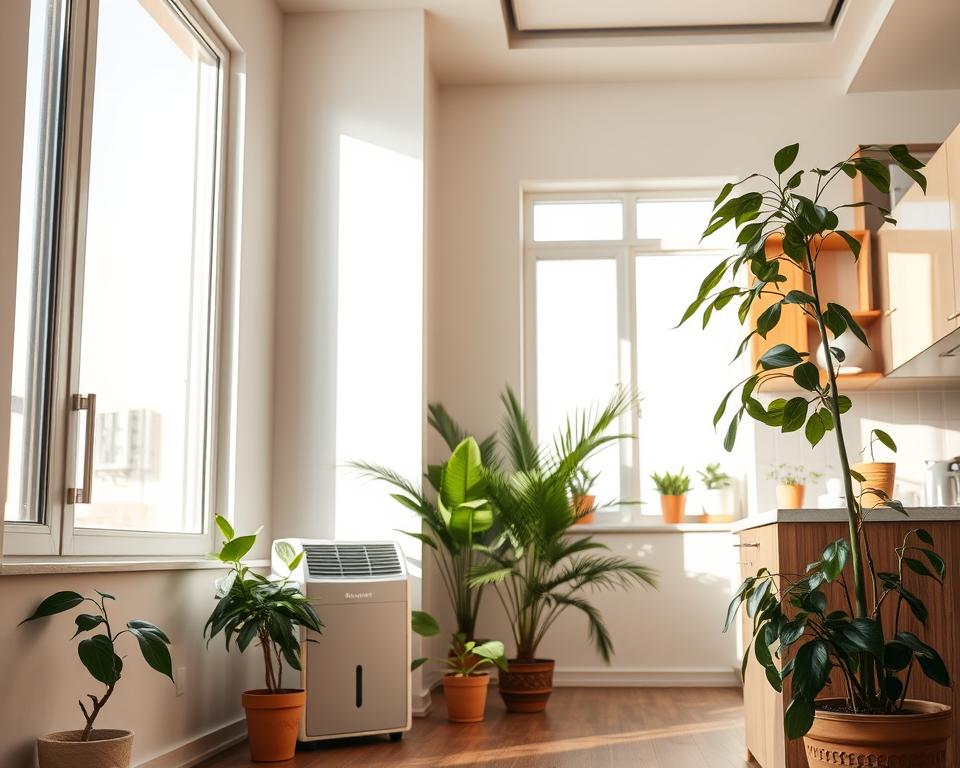 A well-lit, modern UAE home interior focused on humidity control, showcasing a smart dehumidifier prominently in the foreground. Soft, filtered daylight streams through a large window, highlighting the contrast between the bright, airy room and potential damp areas such as a slightly discolored wall and condensation on a nearby window. The middle ground features lush indoor plants, emphasizing a healthy environment, while the background includes a stylized kitchen with moisture-resistant surfaces and cabinets. The atmosphere is calm and clean, underscoring the importance of moisture management in pest prevention. Capture the scene with a warm color palette to evoke comfort and safety, using a slight angle from above to provide depth and perspective. A well-lit, modern UAE home interior focused on humidity control, showcasing a smart dehumidifier prominently in the foreground. Soft, filtered daylight streams through a large window, highlighting the contrast between the bright, airy room and potential damp areas such as a slightly discolored wall and condensation on a nearby window. The middle ground features lush indoor plants, emphasizing a healthy environment, while the background includes a stylized kitchen with moisture-resistant surfaces and cabinets. The atmosphere is calm and clean, underscoring the importance of moisture management in pest prevention. Capture the scene with a warm color palette to evoke comfort and safety, using a slight angle from above to provide depth and perspective.