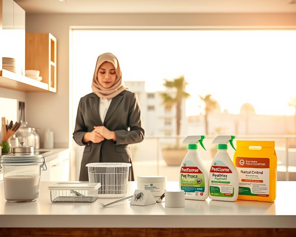 A well-organized and clean workspace depicting a proactive pest prevention strategy in the UAE. In the foreground, a professional in modest business attire inspects a neatly arranged kitchen, showcasing hygiene practices such as sealed containers and clean countertops. The middle ground features pest control supplies like traps and natural repellents placed strategically, emphasizing effective prevention. In the background, there are subtle hints of the UAE environment, such as traditional architecture and palm trees, bathed in warm, natural sunlight. The image is bright and inviting, evoking a sense of safety and cleanliness, focusing on the importance of hygiene in preventing pest infestations in homes and businesses. The overall atmosphere is professional yet approachable, ideal for conveying a strong message. A well-organized and clean workspace depicting a proactive pest prevention strategy in the UAE. In the foreground, a professional in modest business attire inspects a neatly arranged kitchen, showcasing hygiene practices such as sealed containers and clean countertops. The middle ground features pest control supplies like traps and natural repellents placed strategically, emphasizing effective prevention. In the background, there are subtle hints of the UAE environment, such as traditional architecture and palm trees, bathed in warm, natural sunlight. The image is bright and inviting, evoking a sense of safety and cleanliness, focusing on the importance of hygiene in preventing pest infestations in homes and businesses. The overall atmosphere is professional yet approachable, ideal for conveying a strong message.