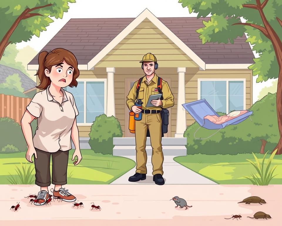 A well-organized and informative illustration depicting the moment to call professional pest control services. In the foreground, a concerned homeowner in modest casual clothing is shown inspecting a pest issue, such as a swarm of ants or a mouse, with a worried expression. The middle layer features a professional pest control technician in a uniform, equipped with essential tools like a spray can and a clipboard, ready to assess the situation. The background displays a suburban home with signs of pest infestations, like damaged siding or droppings. The lighting is soft and natural, suggesting a late afternoon atmosphere, creating a sense of urgency and professionalism in the scene. The overall mood conveys responsibility and the need for expert help in pest management. A well-organized and informative illustration depicting the moment to call professional pest control services. In the foreground, a concerned homeowner in modest casual clothing is shown inspecting a pest issue, such as a swarm of ants or a mouse, with a worried expression. The middle layer features a professional pest control technician in a uniform, equipped with essential tools like a spray can and a clipboard, ready to assess the situation. The background displays a suburban home with signs of pest infestations, like damaged siding or droppings. The lighting is soft and natural, suggesting a late afternoon atmosphere, creating a sense of urgency and professionalism in the scene. The overall mood conveys responsibility and the need for expert help in pest management.