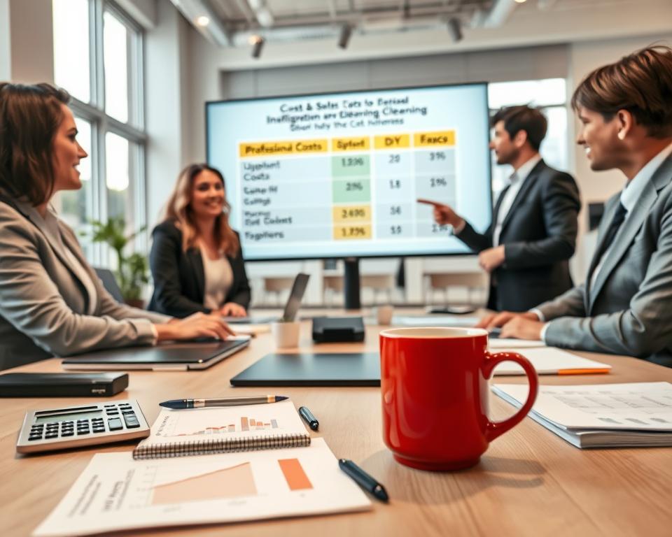 A well-organized desk scene in a modern office with a professional business-themed atmosphere, focusing on cost analysis of cleaning methods. In the foreground, a calculator, a notepad showing graphs and figures, and a cup of coffee sit neatly arranged. In the middle, a diverse group of professionals in smart business attire discuss insights, pointing at a large digital screen displaying a comparison chart of upfront costs vs. long-term savings related to professional versus DIY cleaning. The background features a bright, spacious office with large windows letting in natural light, creating a warm and inviting mood. The lens captures a slight depth of field, emphasizing the workspace while maintaining clarity in the professionals’ expressions. A well-organized desk scene in a modern office with a professional business-themed atmosphere, focusing on cost analysis of cleaning methods. In the foreground, a calculator, a notepad showing graphs and figures, and a cup of coffee sit neatly arranged. In the middle, a diverse group of professionals in smart business attire discuss insights, pointing at a large digital screen displaying a comparison chart of upfront costs vs. long-term savings related to professional versus DIY cleaning. The background features a bright, spacious office with large windows letting in natural light, creating a warm and inviting mood. The lens captures a slight depth of field, emphasizing the workspace while maintaining clarity in the professionals’ expressions.